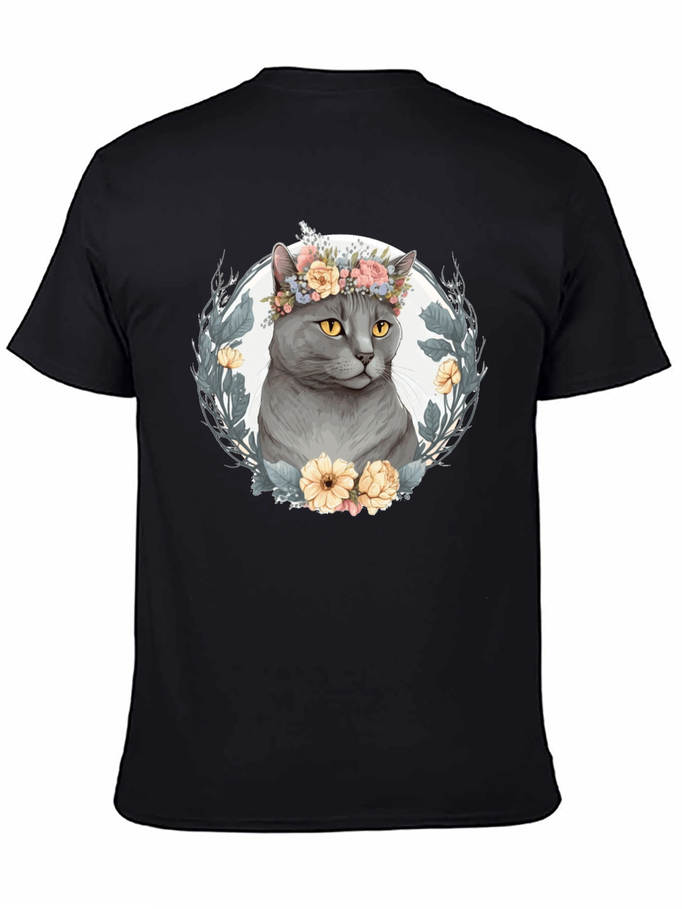 Cat with Floral Crown Graphic Tee - Black