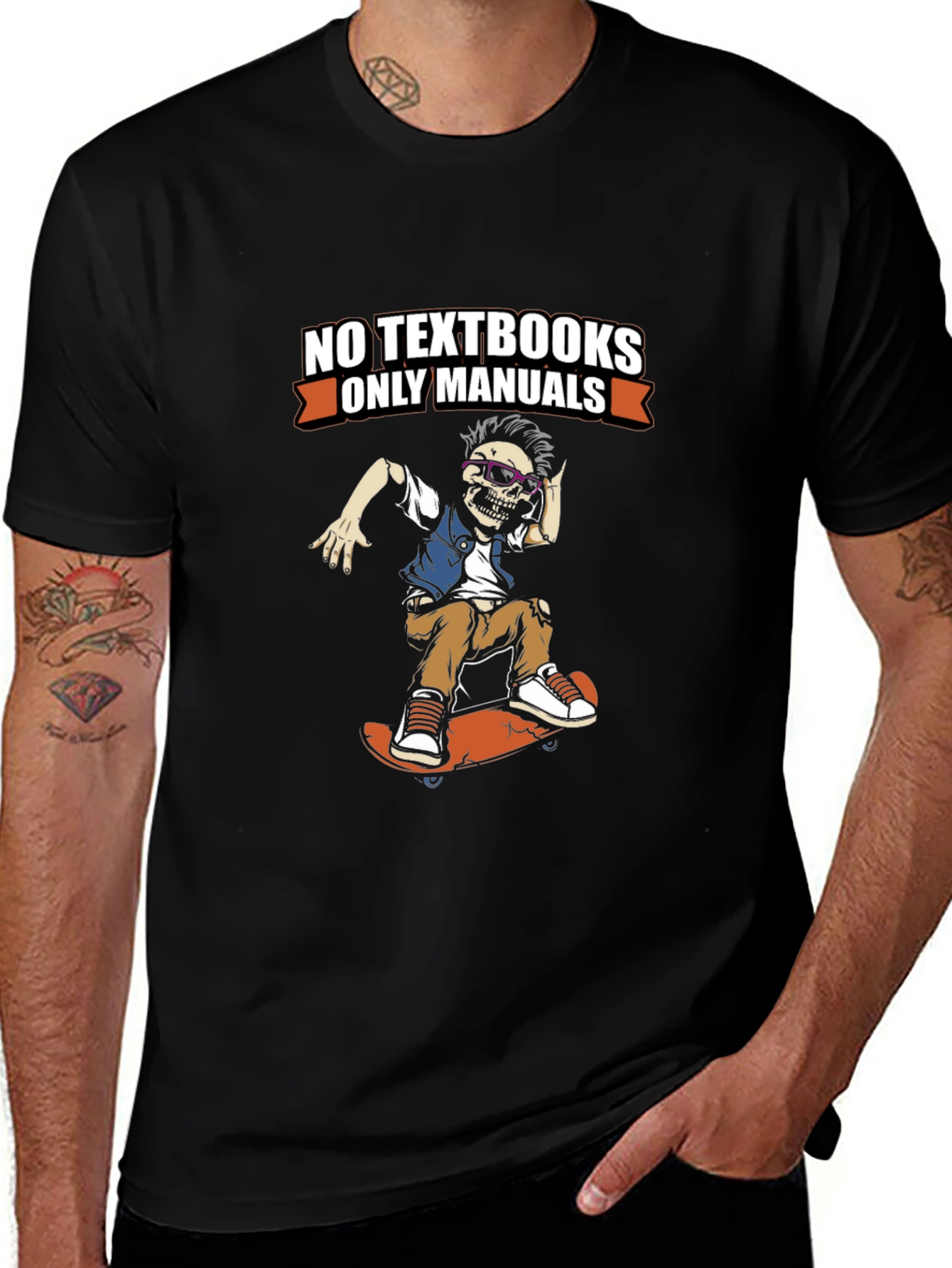 No Textbooks Only Manuals Skeleton Skateboarder Tee