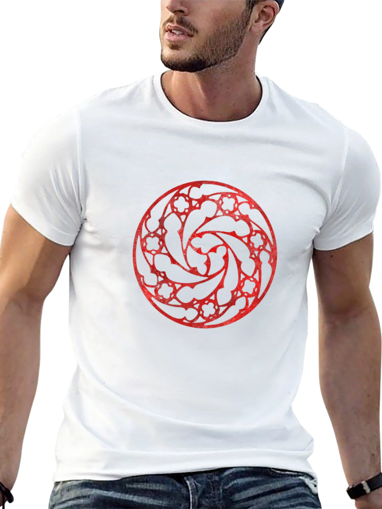 Black T-Shirt with Red Circular Gothic Design
