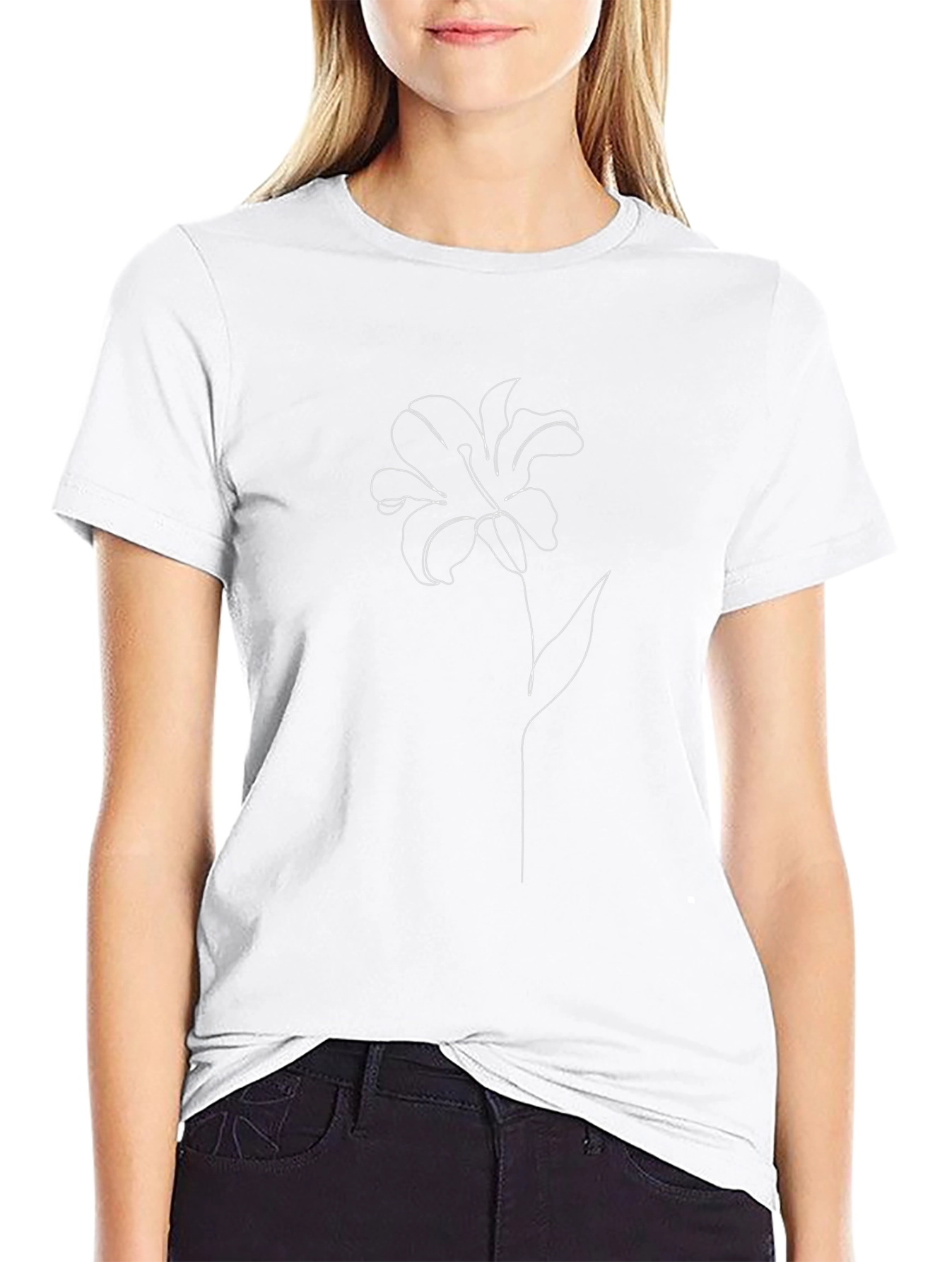 Minimalist Flower Line Art Black T-Shirt