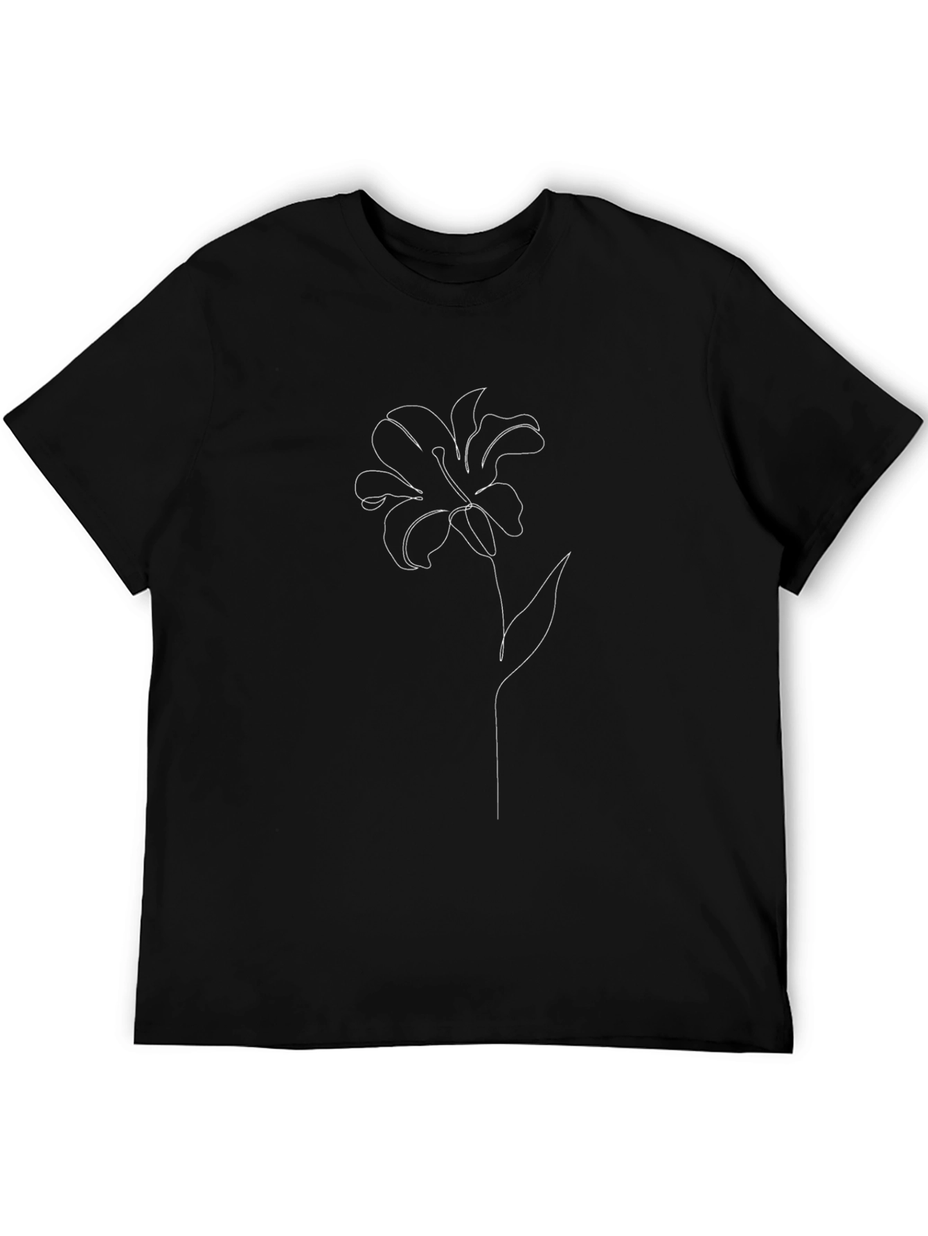 Minimalist Flower Line Art Black T-Shirt