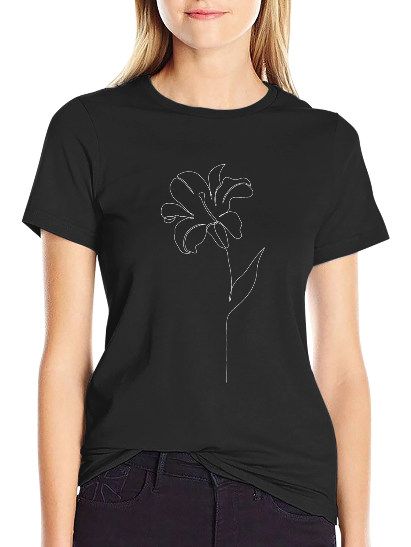 Minimalist Flower Line Art Black T-Shirt