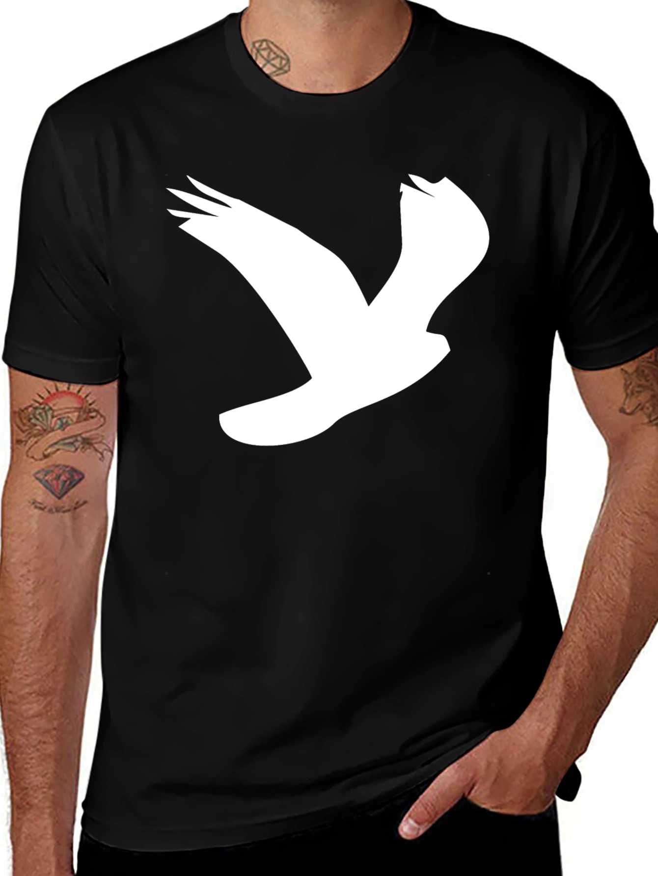 Black T-Shirt with White Bird Graphic