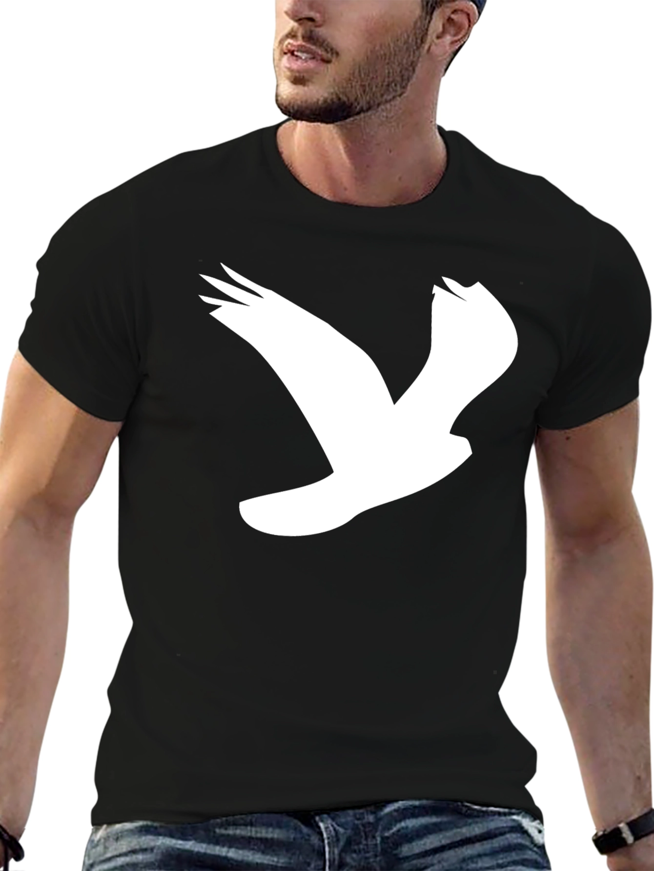 Black T-Shirt with White Bird Graphic