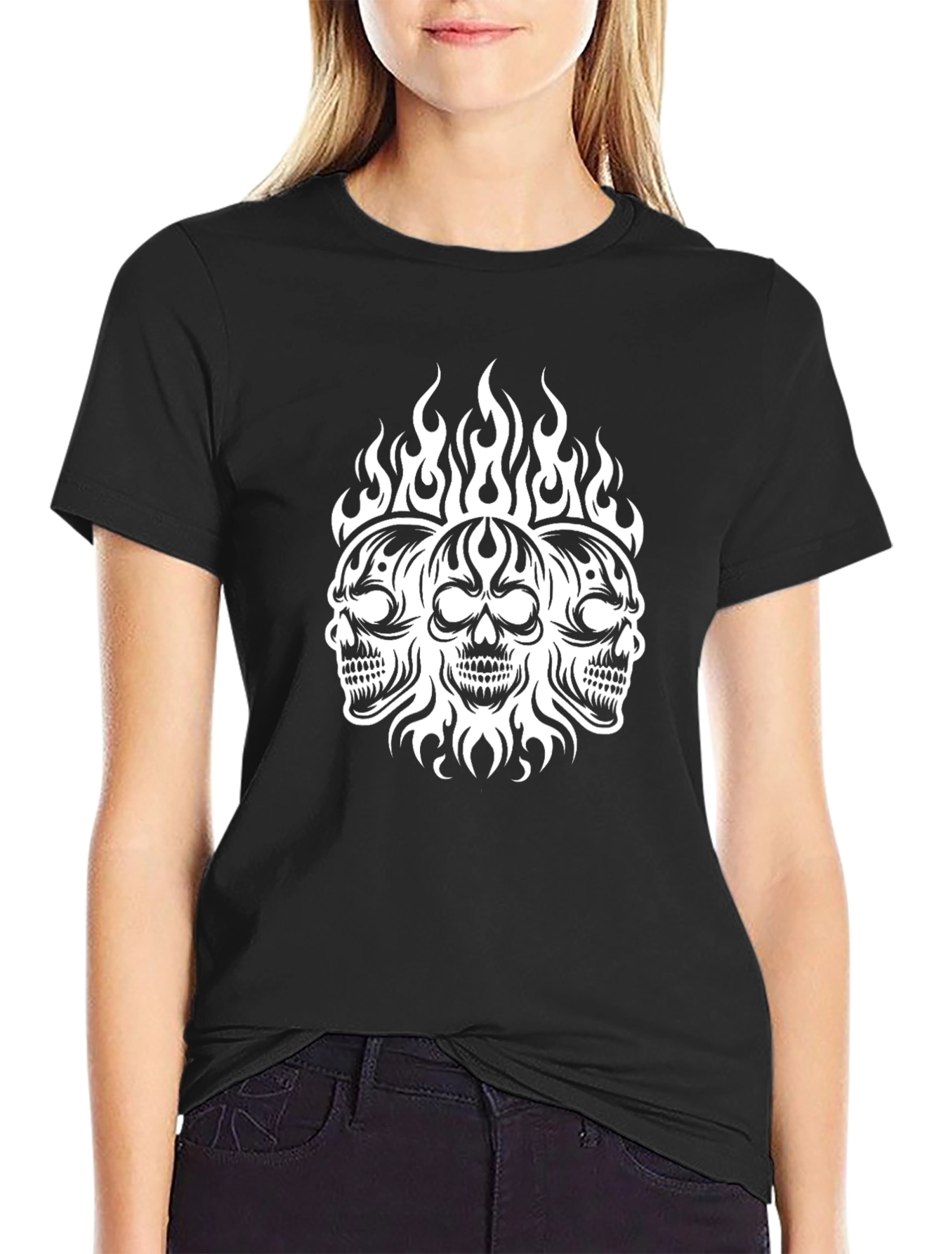 Mens Skull Flame Graphic Black T-Shirt