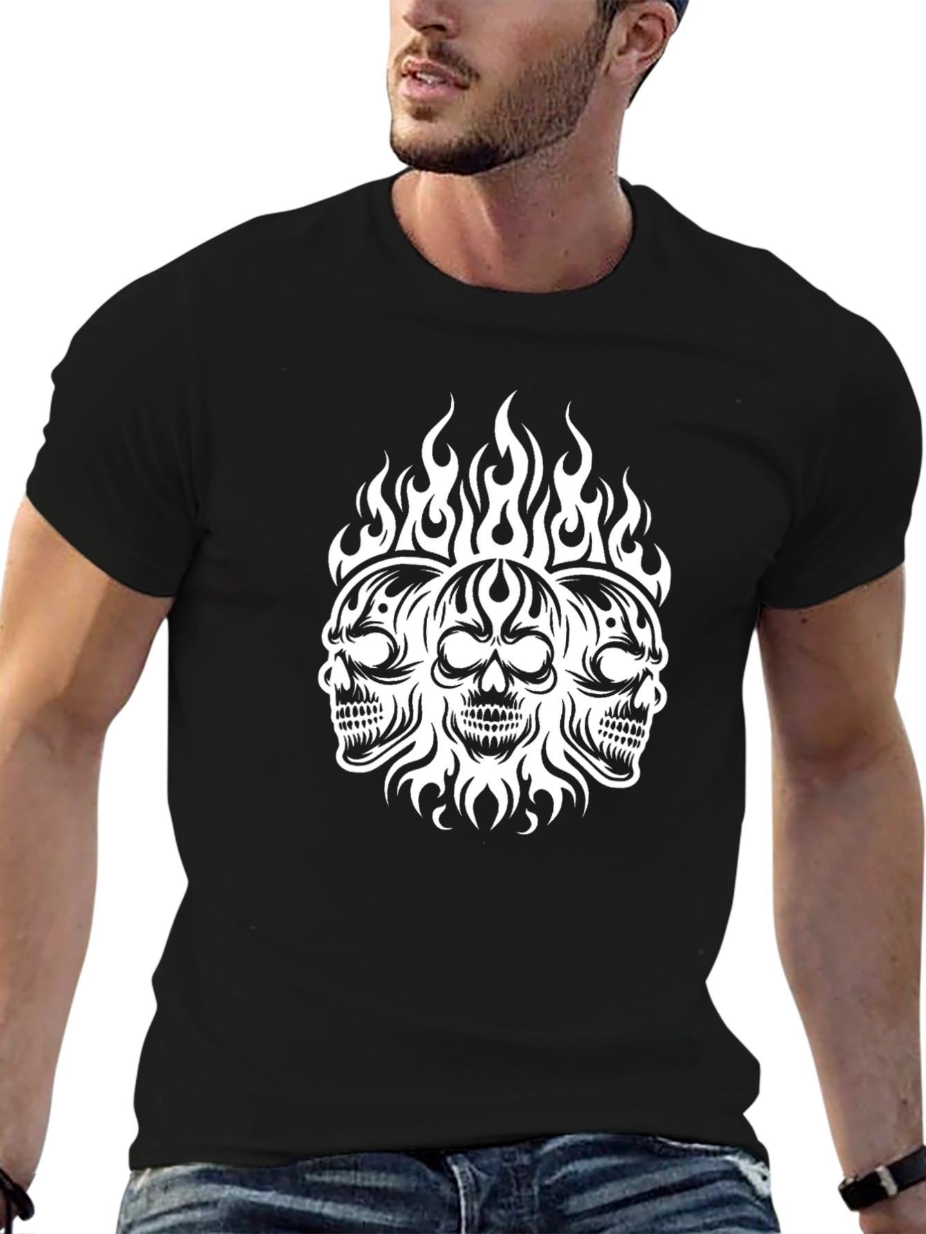 Mens Skull Flame Graphic Black T-Shirt