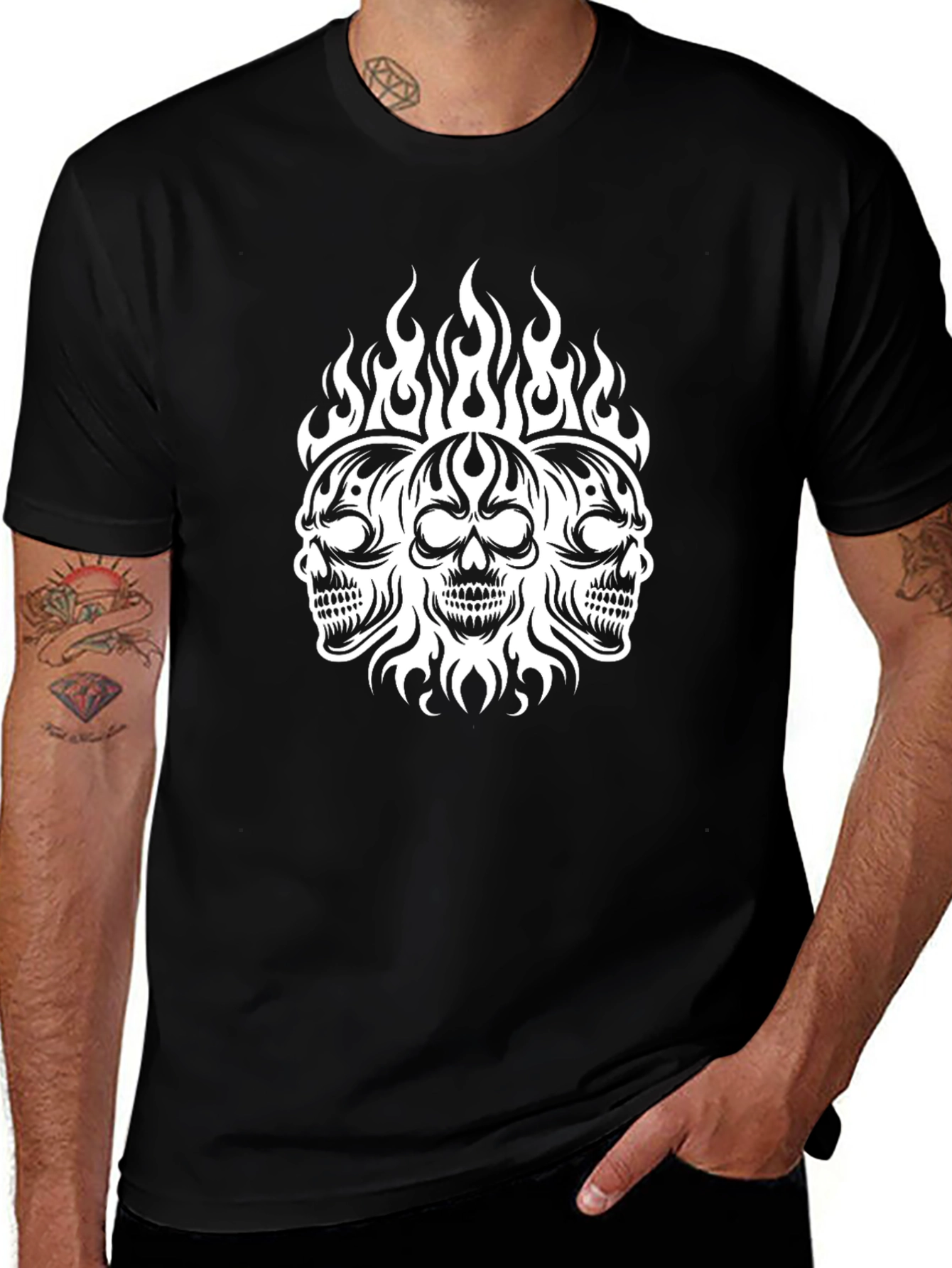 Mens Skull Flame Graphic Black T-Shirt