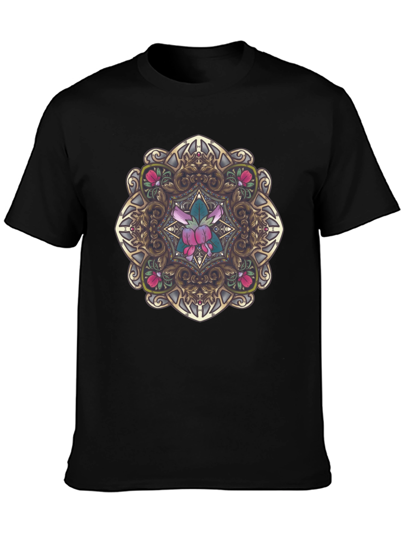 Ornate Floral Mandala Graphic Black T-Shirt