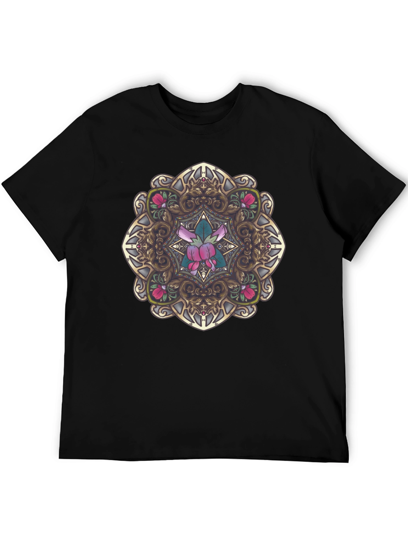 Ornate Floral Mandala Graphic Black T-Shirt