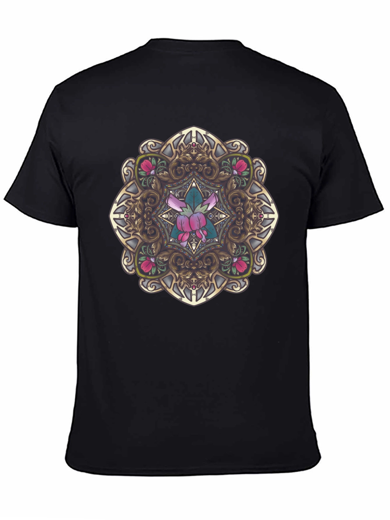 Ornate Floral Mandala Graphic Black T-Shirt