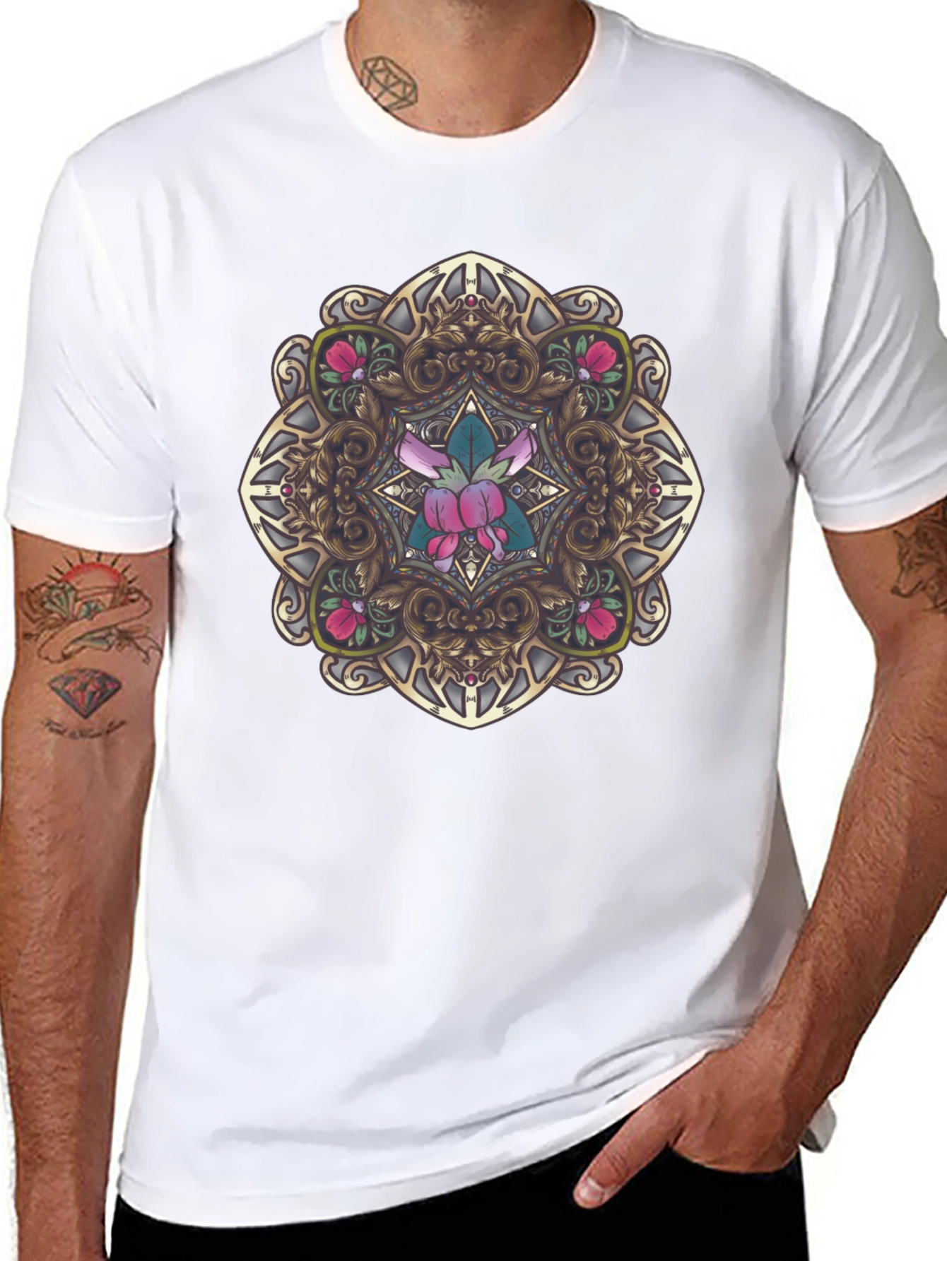 Ornate Floral Mandala Graphic Black T-Shirt