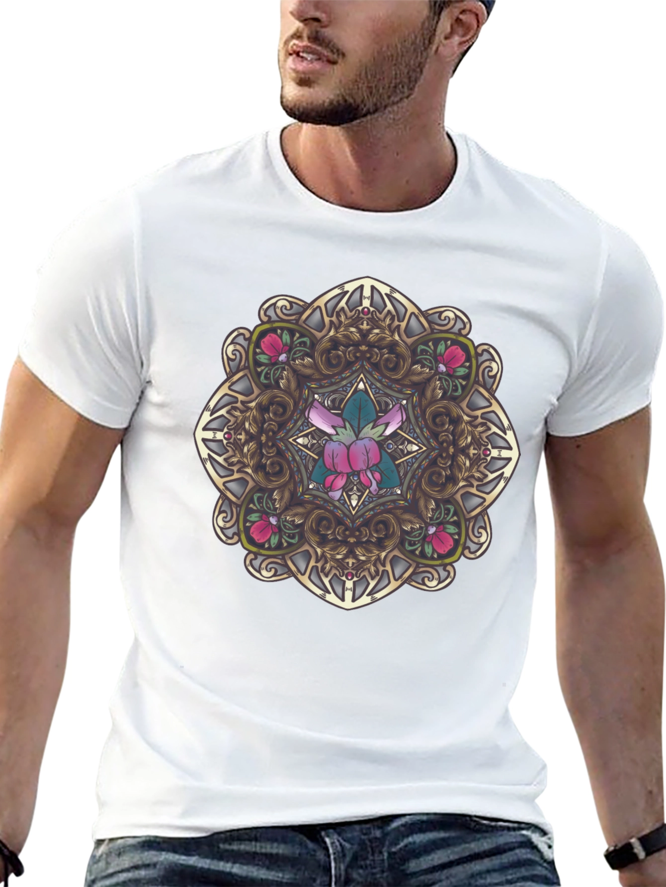 Ornate Floral Mandala Graphic Black T-Shirt
