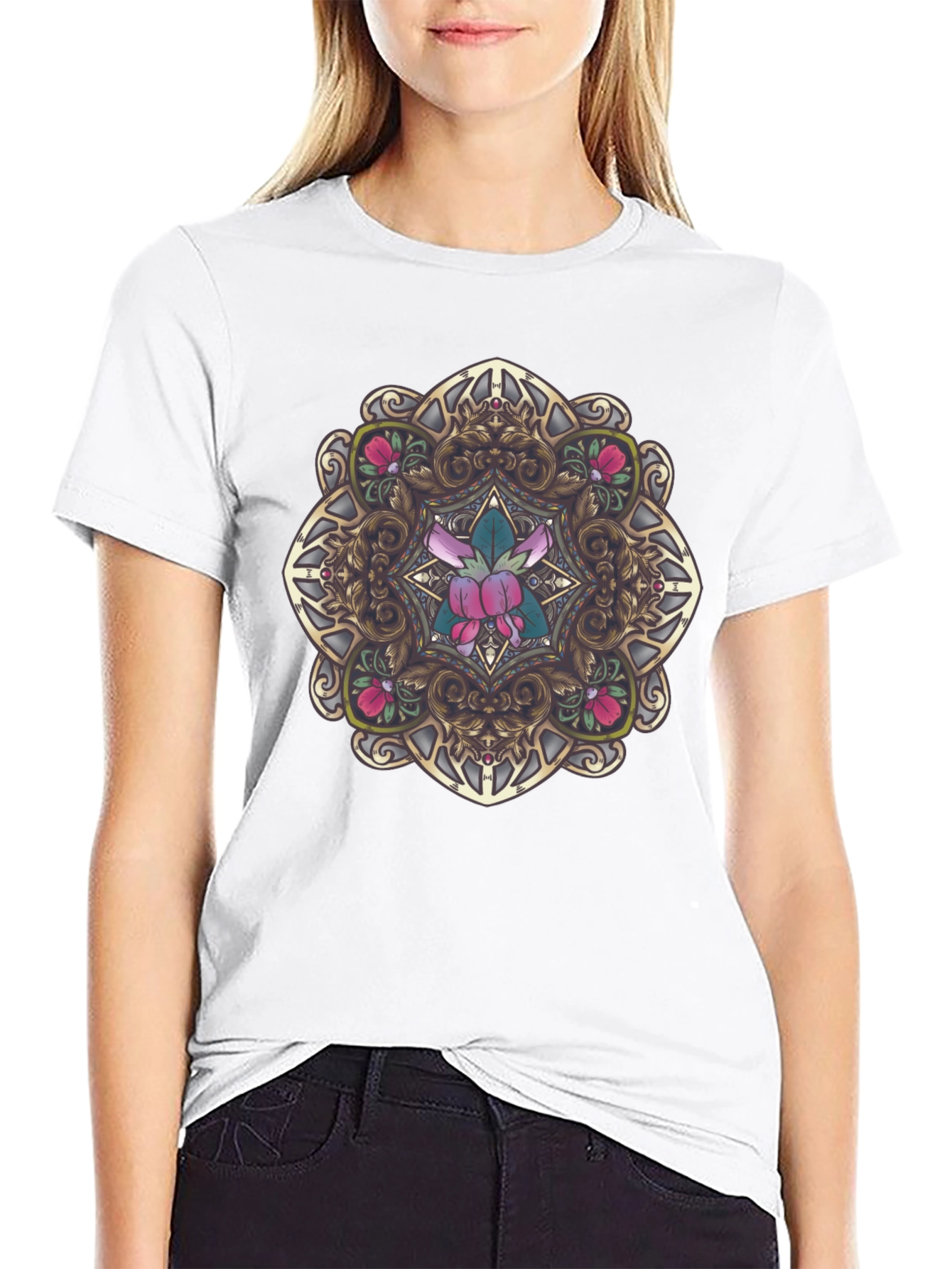 Ornate Floral Mandala Graphic Black T-Shirt