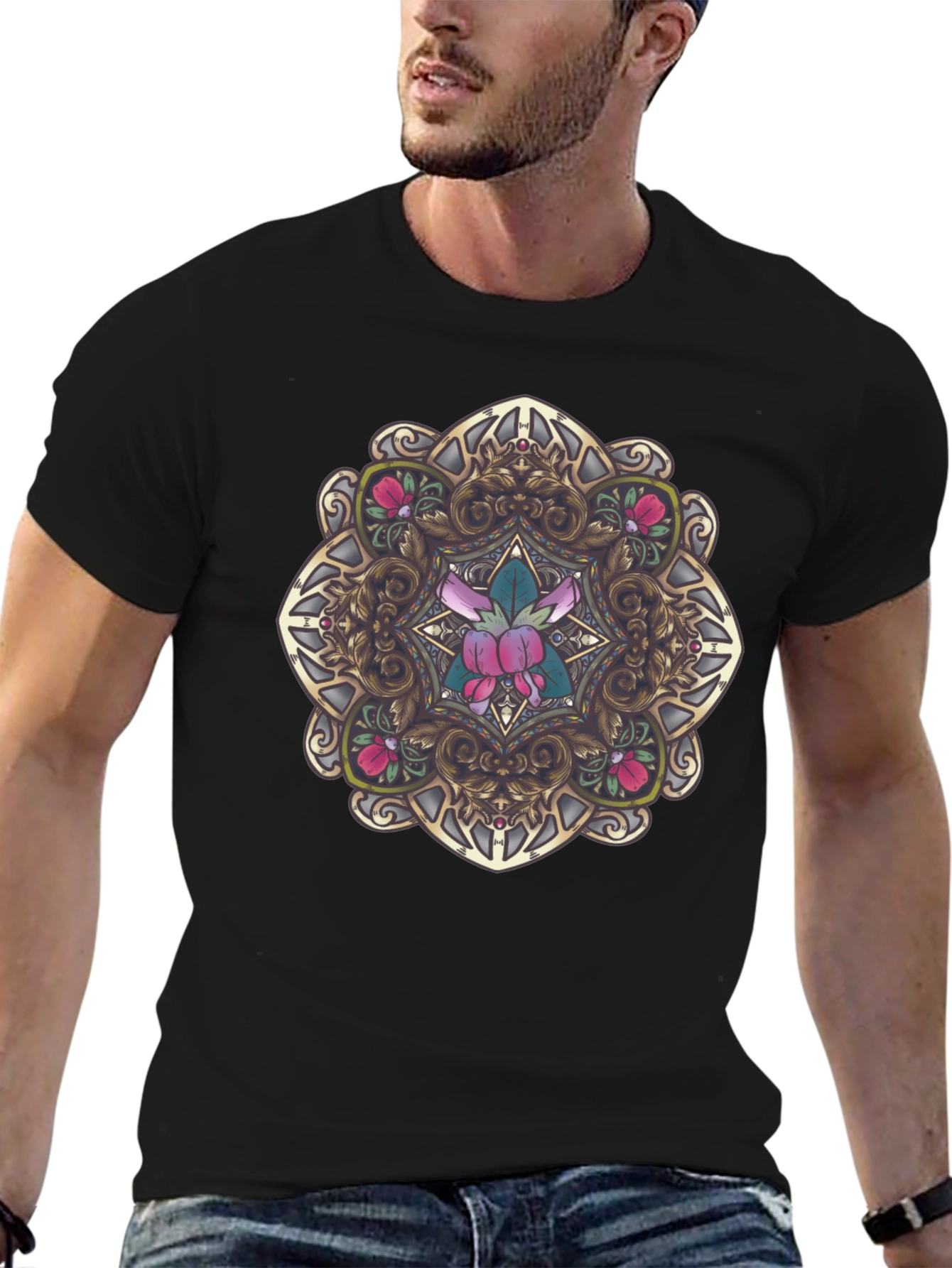 Ornate Floral Mandala Graphic Black T-Shirt