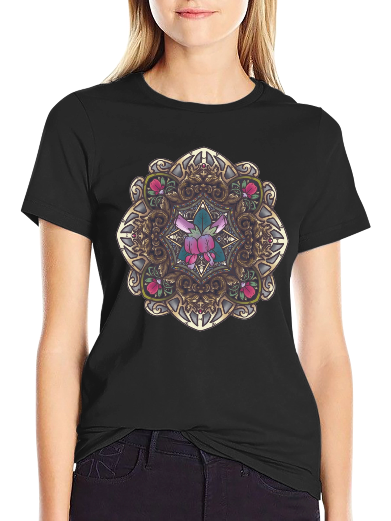 Ornate Floral Mandala Graphic Black T-Shirt