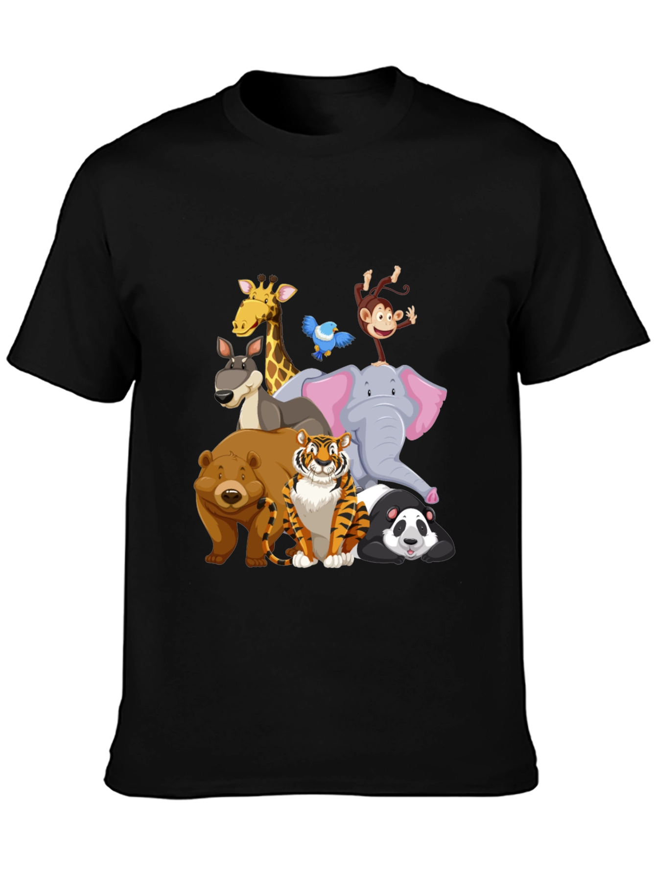 Cartoon Animals Crew Neck Black T-Shirt