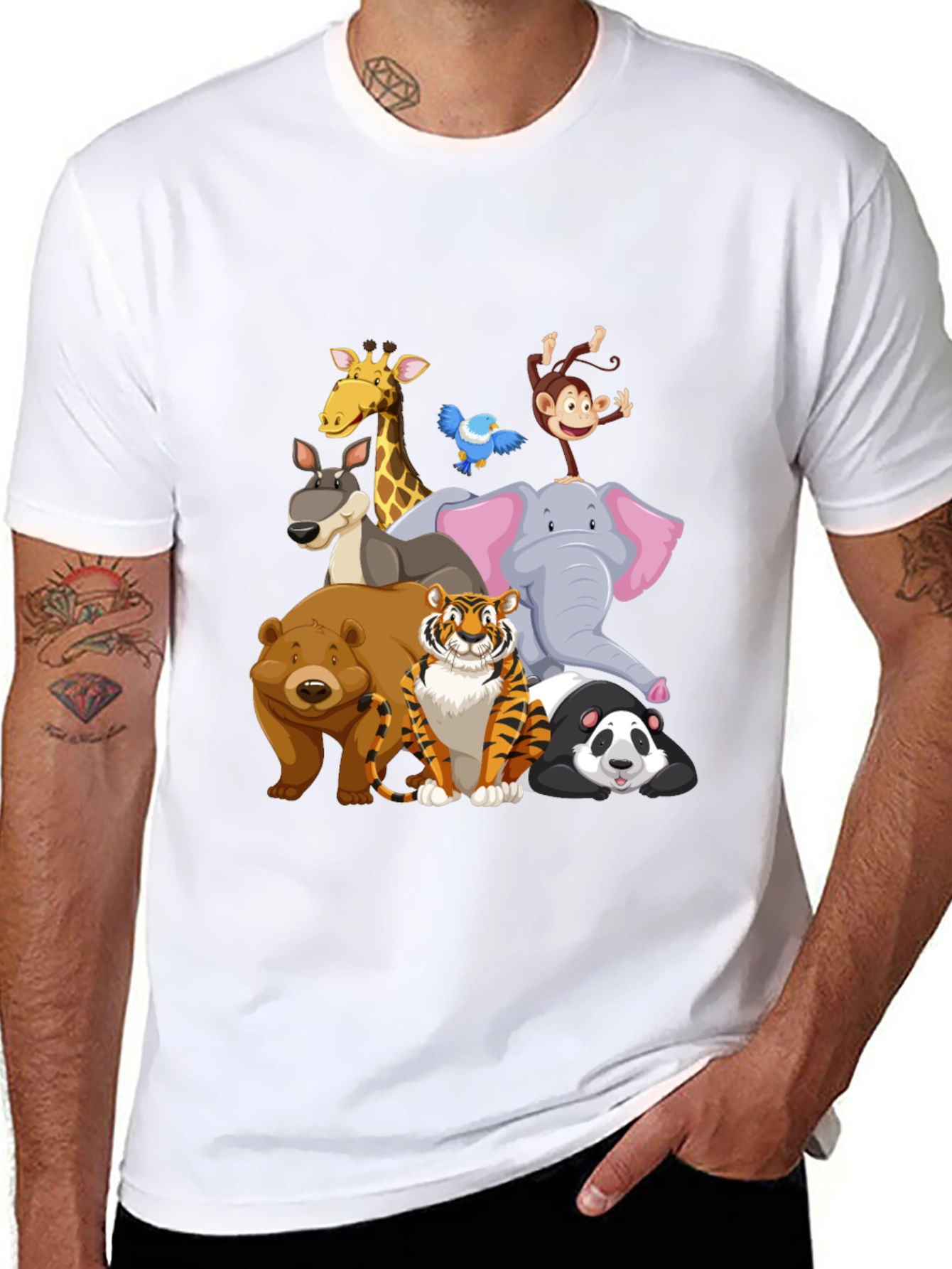Cartoon Animals Crew Neck Black T-Shirt