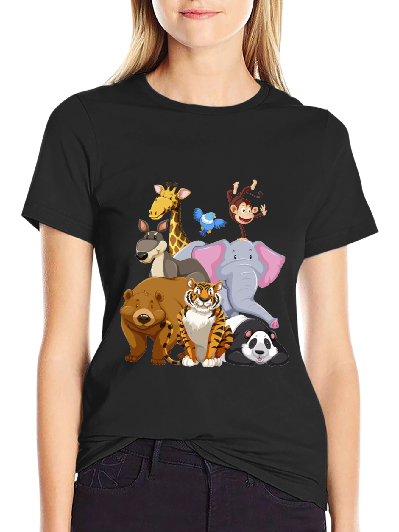 Cartoon Animals Crew Neck Black T-Shirt