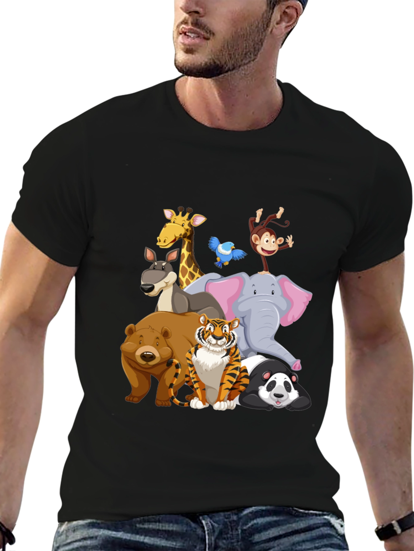 Cartoon Animals Crew Neck Black T-Shirt