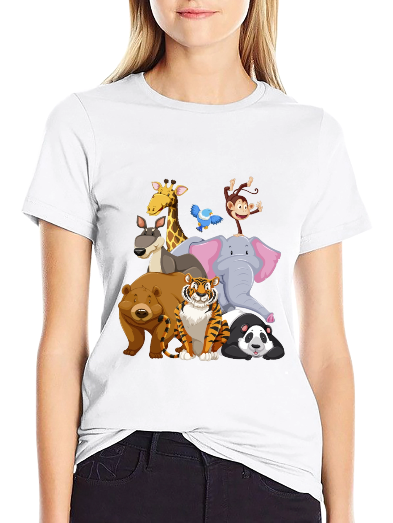 Cartoon Animals Crew Neck Black T-Shirt