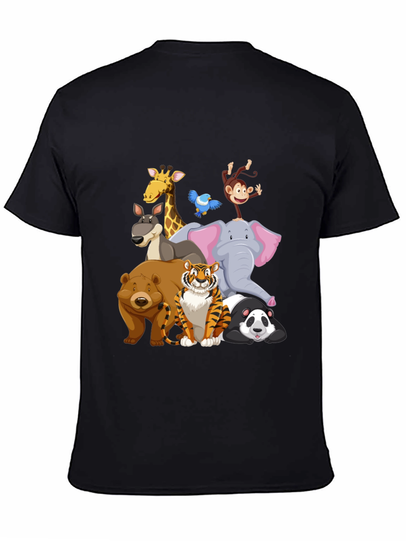 Cartoon Animals Crew Neck Black T-Shirt