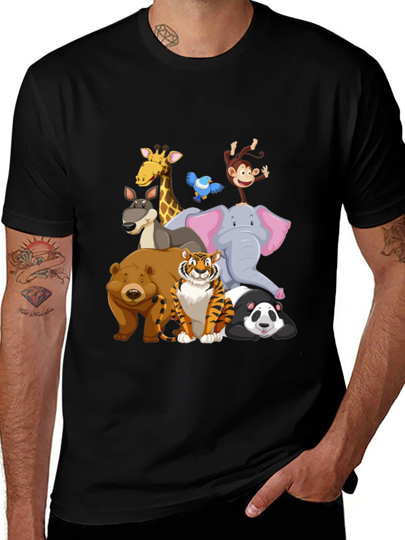 Cartoon Animals Crew Neck Black T-Shirt