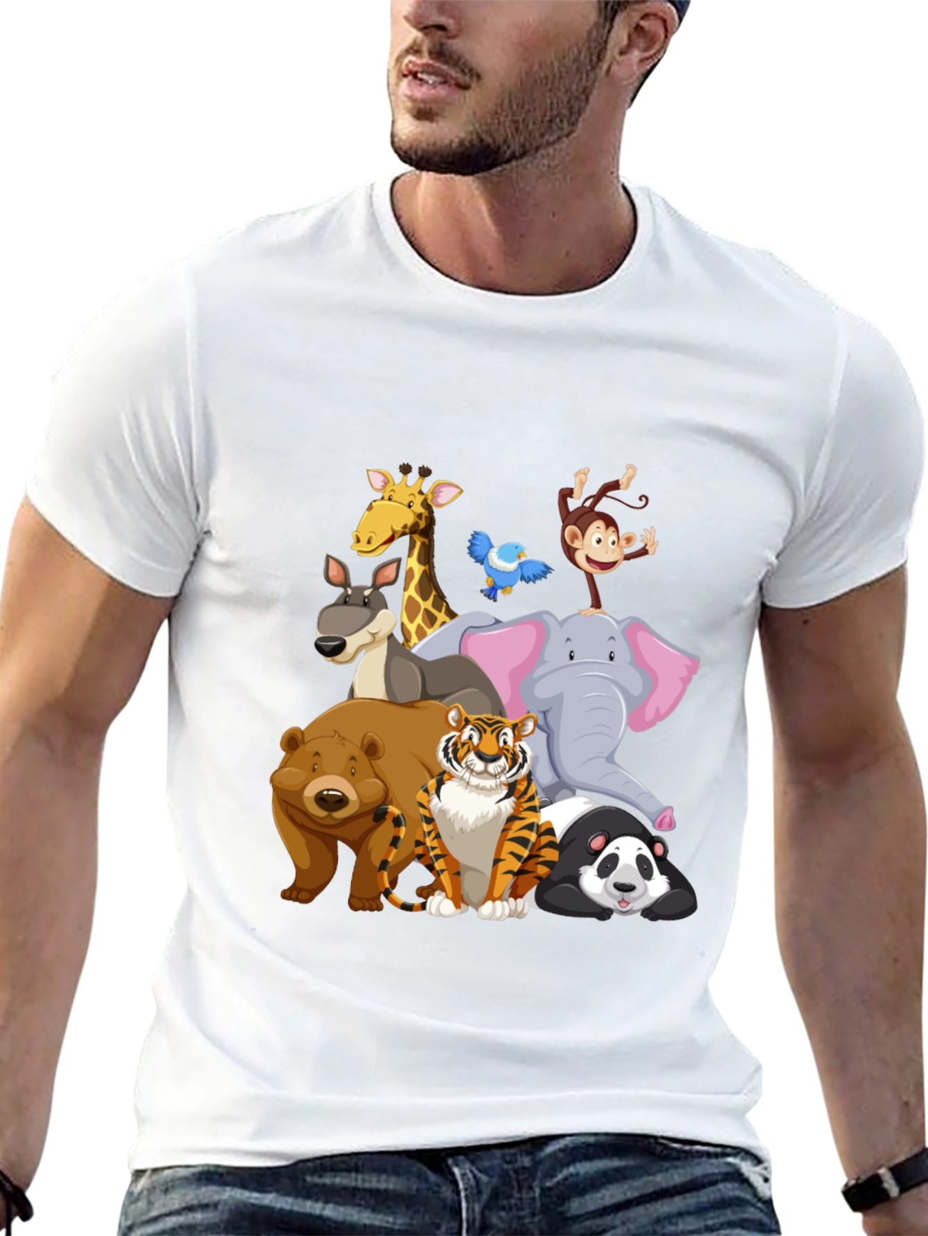 Cartoon Animals Crew Neck Black T-Shirt
