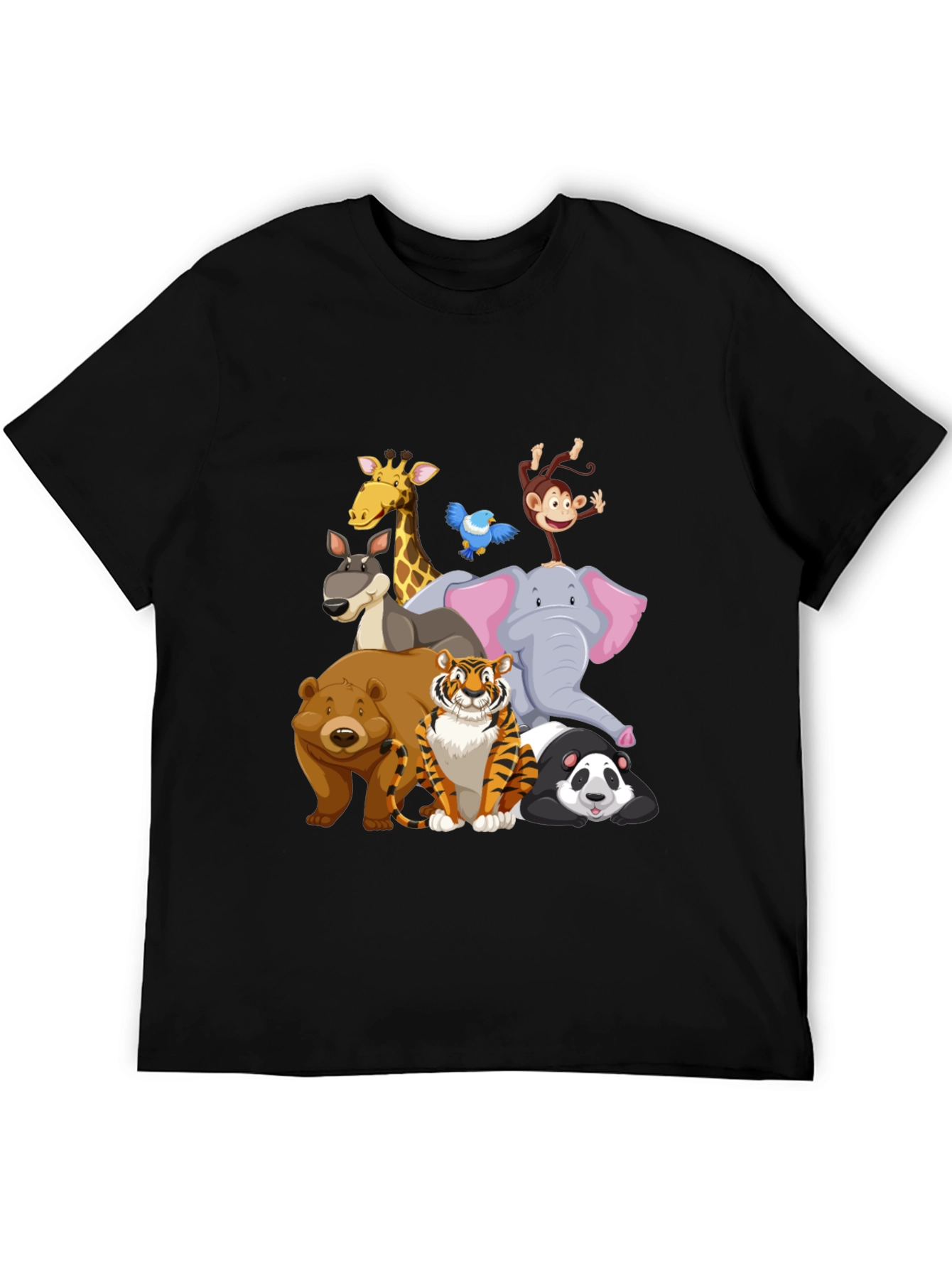 Cartoon Animals Crew Neck Black T-Shirt