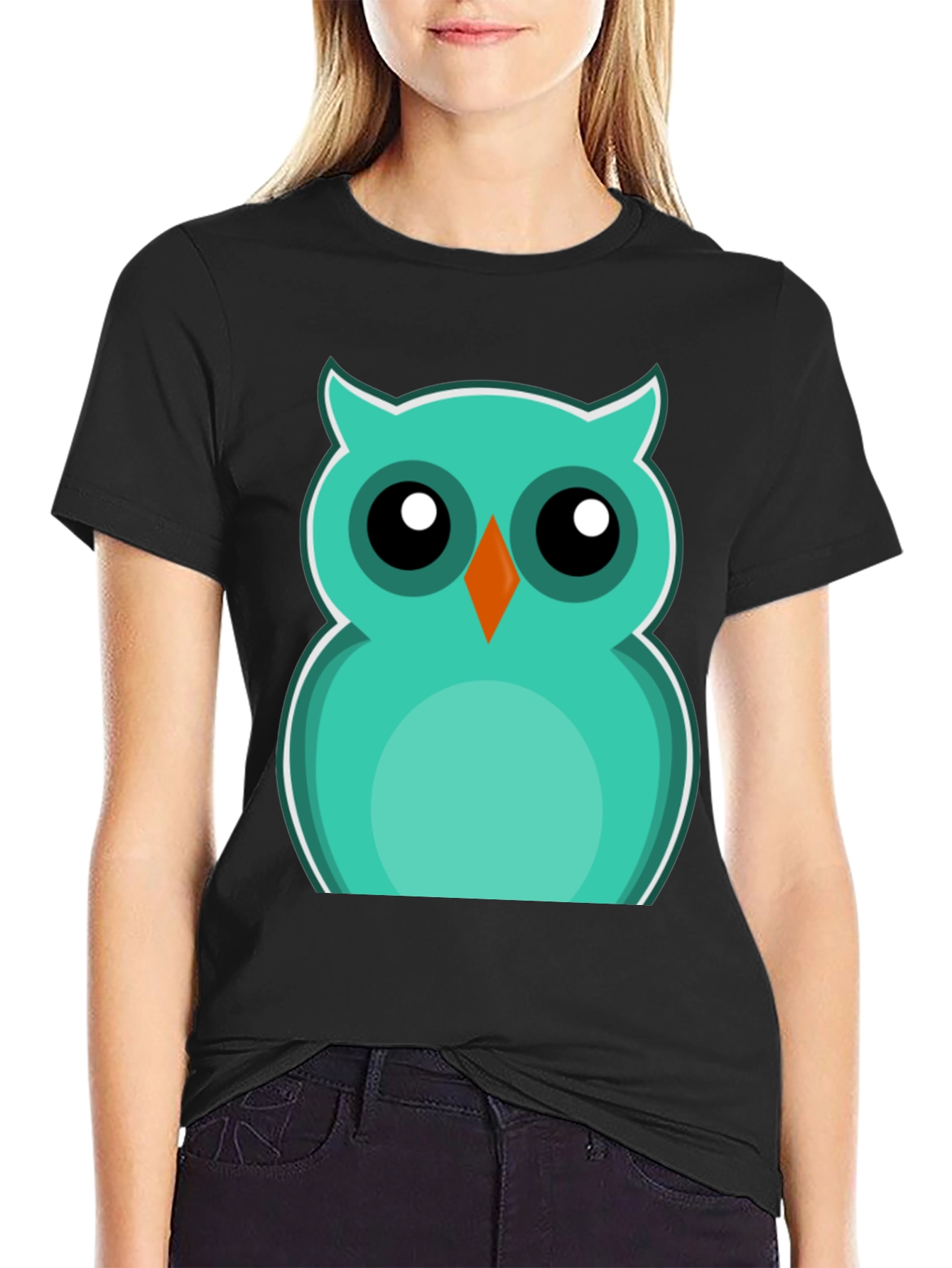 Cute Cartoon Owl Graphic Tee - Black