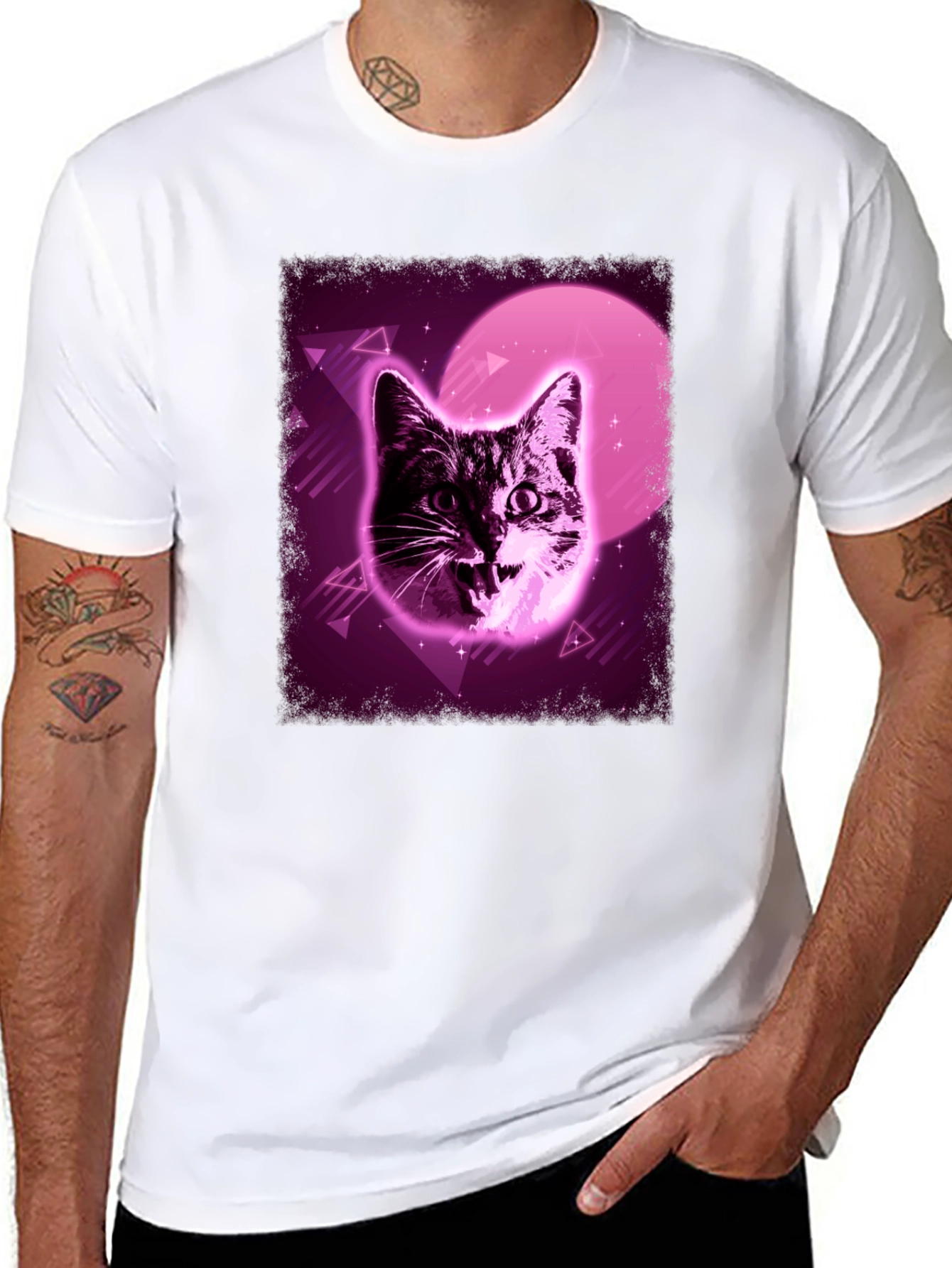 Retro Cat Graphic Tee - Vaporwave Style