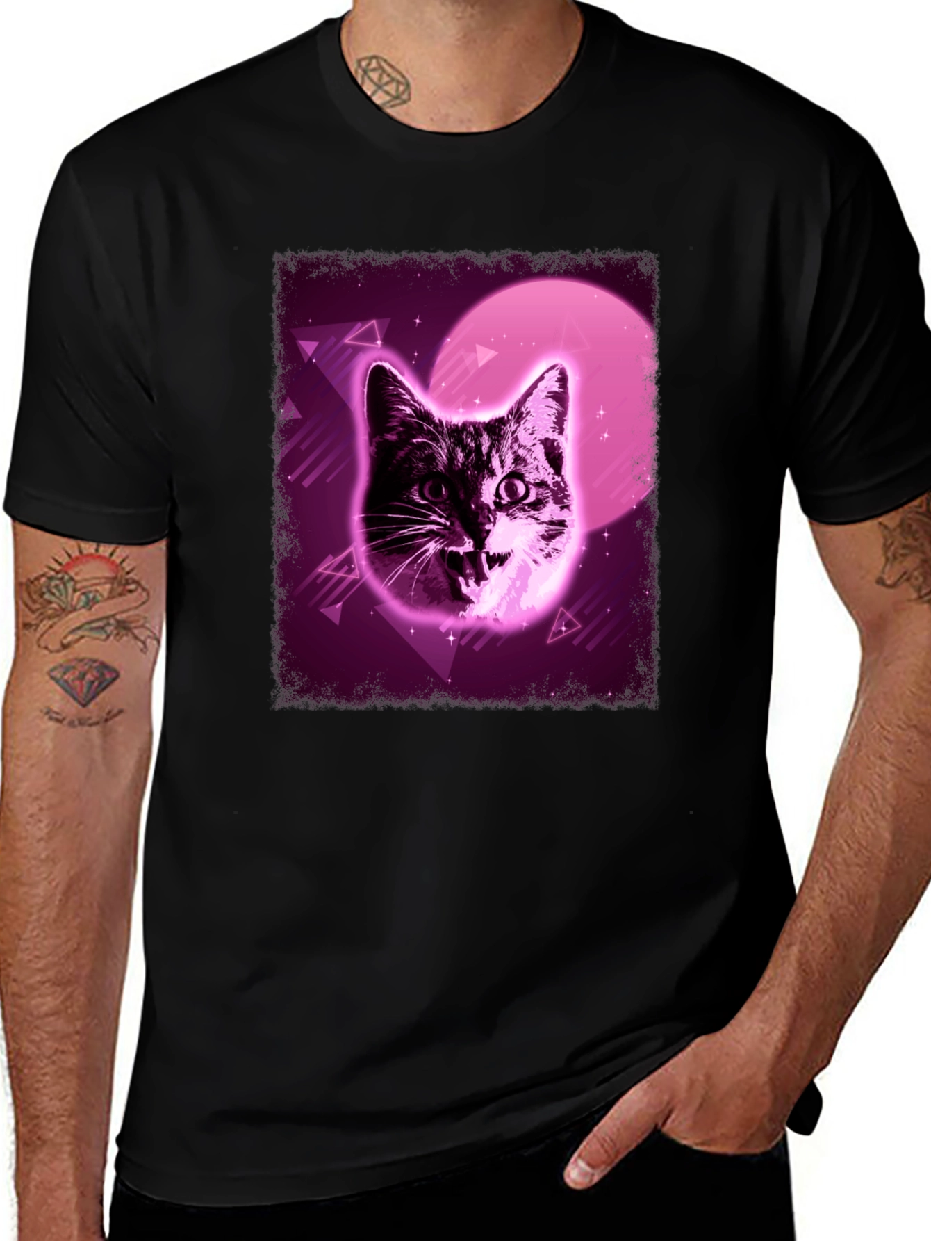 Retro Cat Graphic Tee - Vaporwave Style