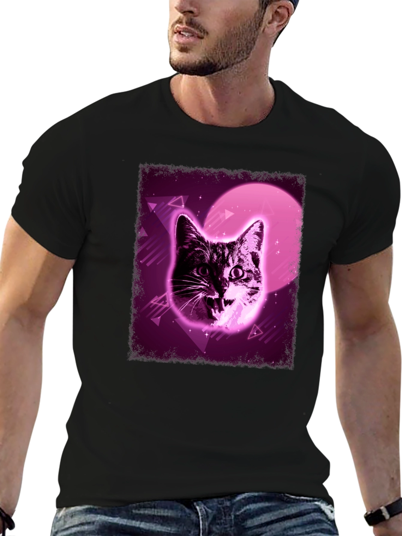 Retro Cat Graphic Tee - Vaporwave Style