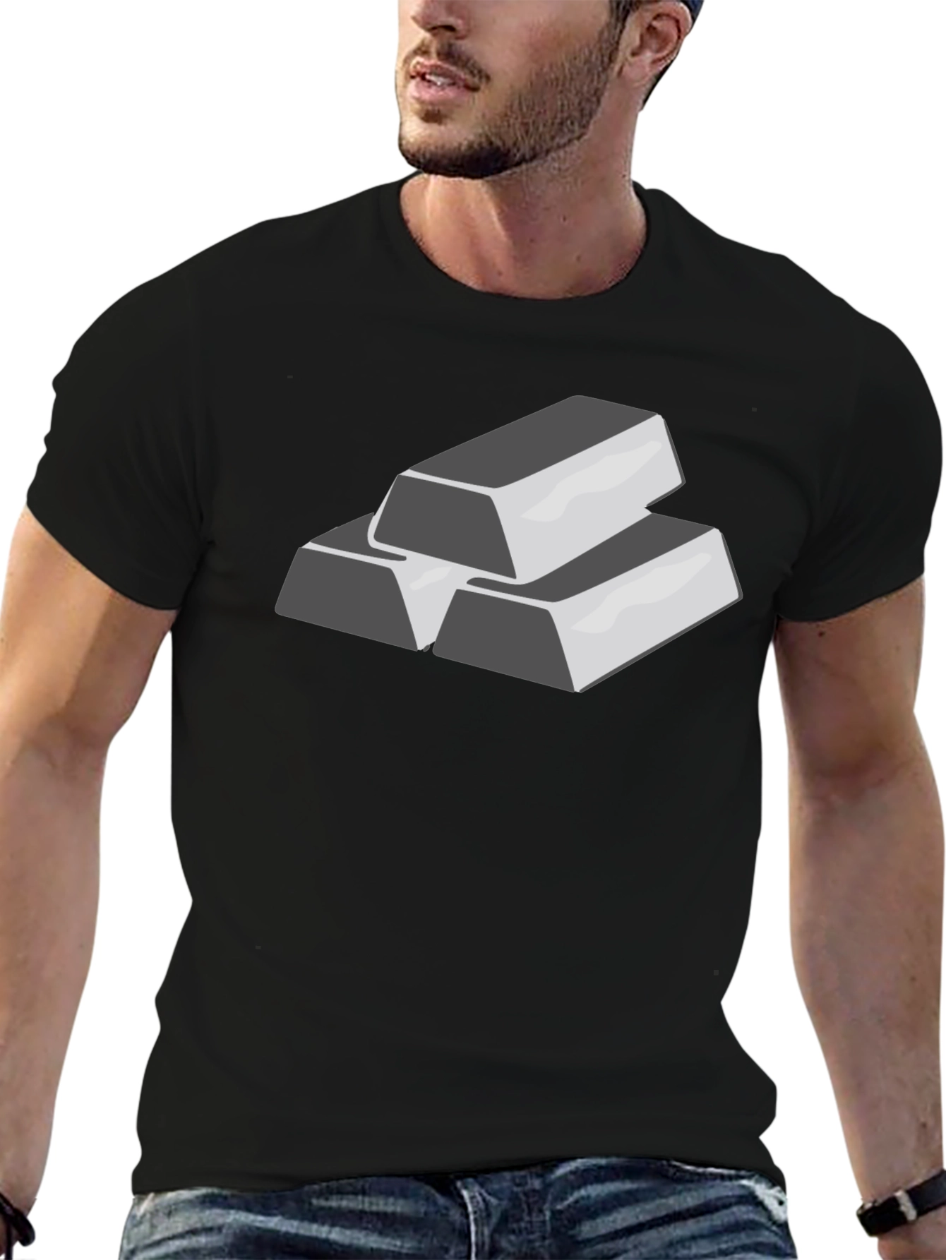 Silver Bar Stack Graphic Tee - Black Cotton T-Shirt