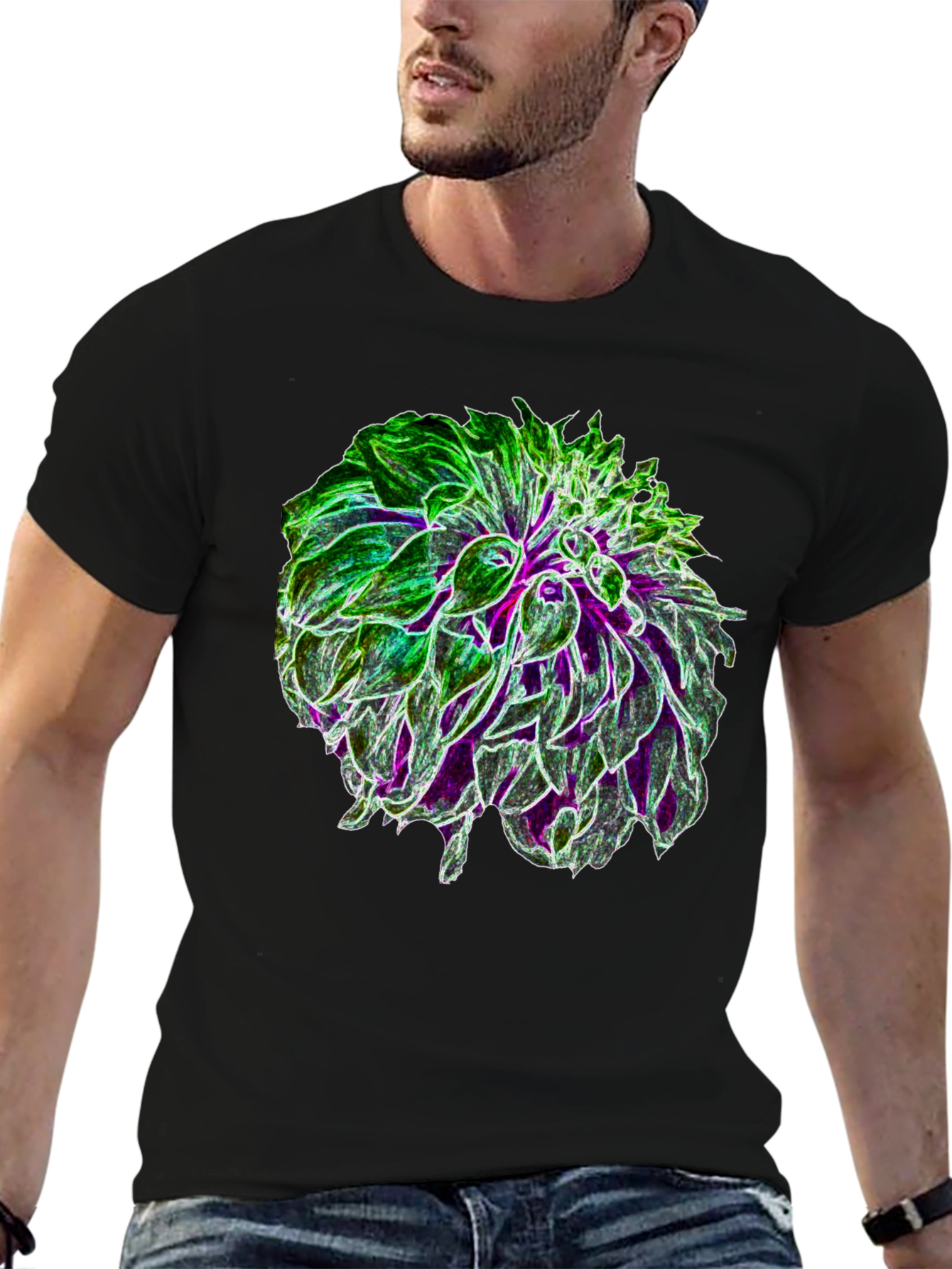 Glow Flower Graphic Tee - Black Cotton Casual Shirt