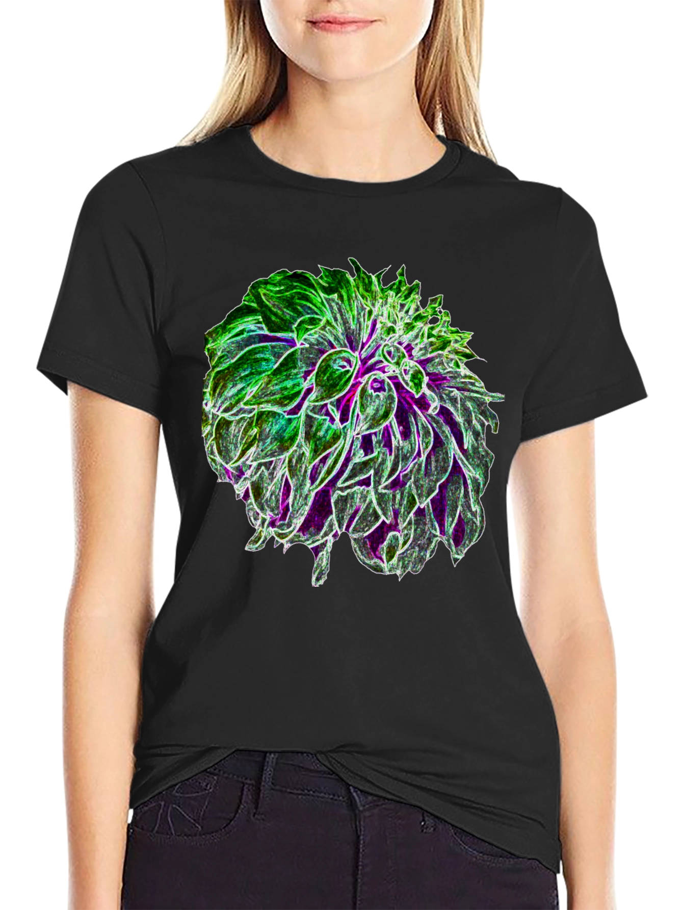 Glow Flower Graphic Tee - Black Cotton Casual Shirt