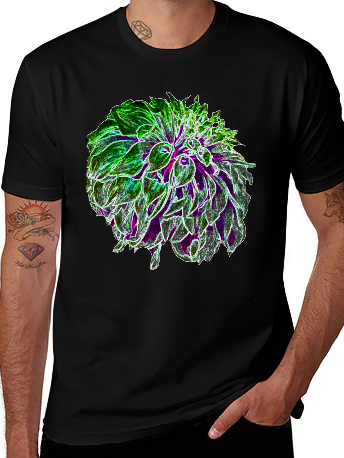 Glow Flower Graphic Tee - Black Cotton Casual Shirt