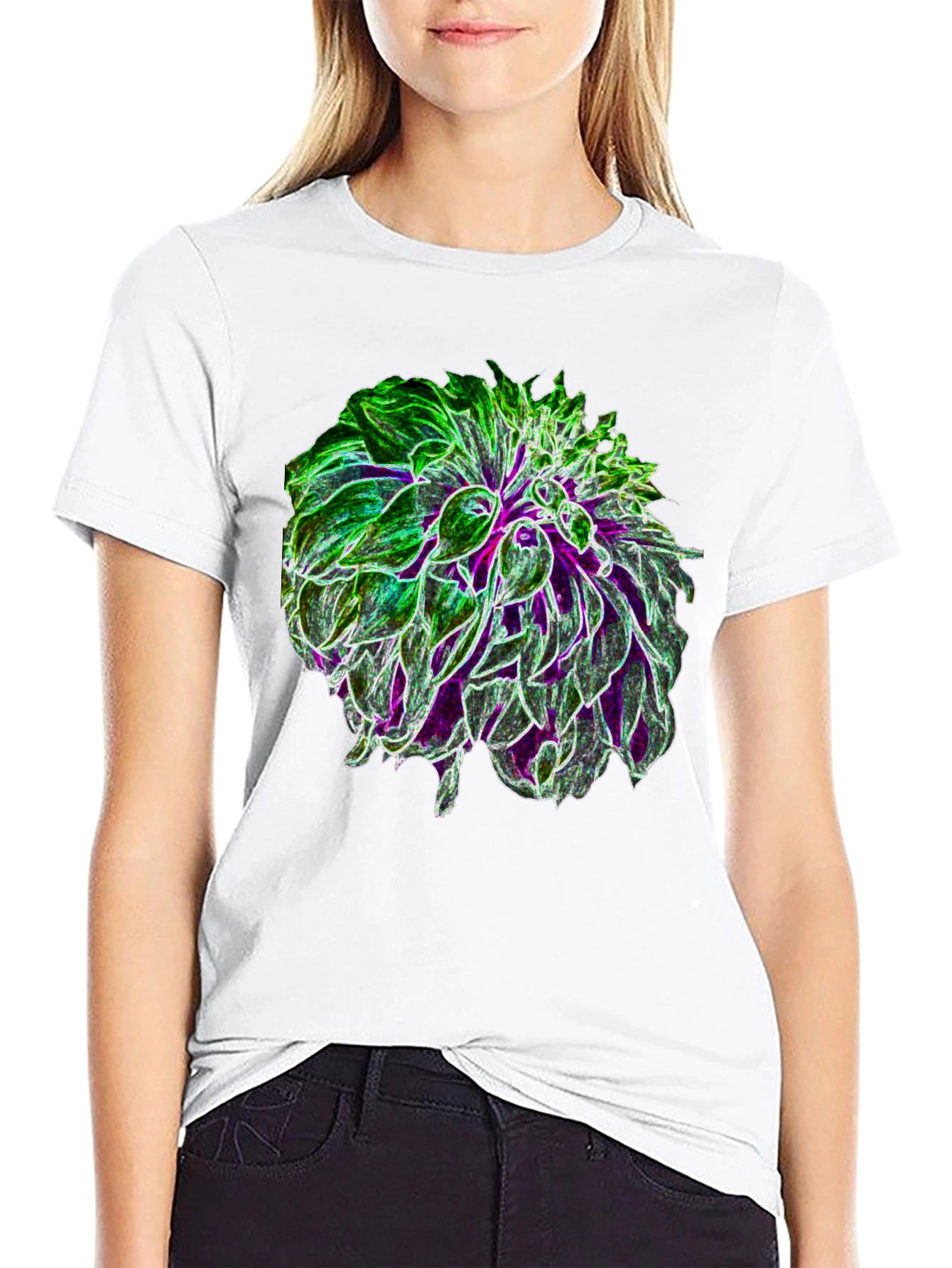 Glow Flower Graphic Tee - Black Cotton Casual Shirt