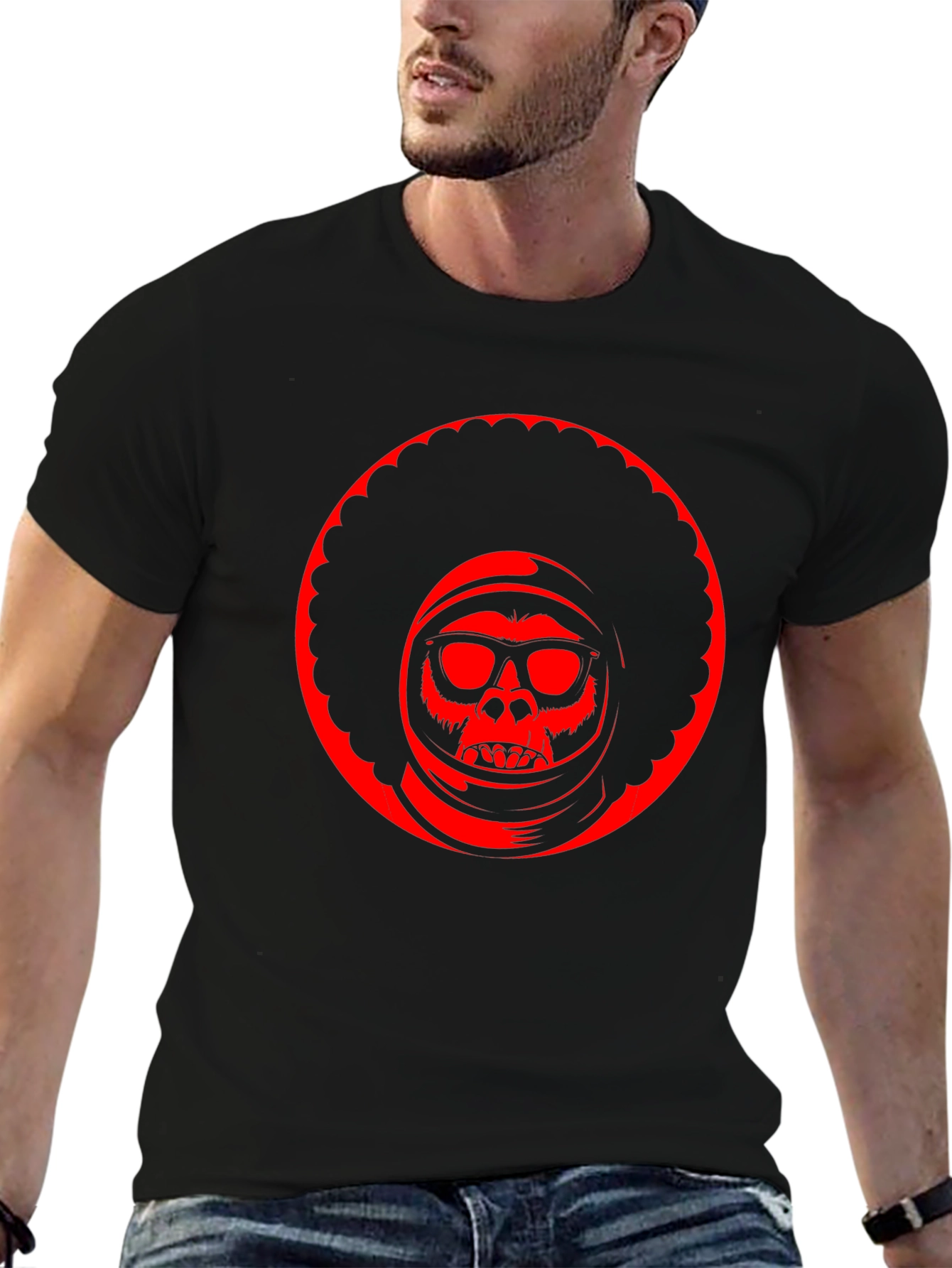 Retro Afro Space Monkey Black T-Shirt