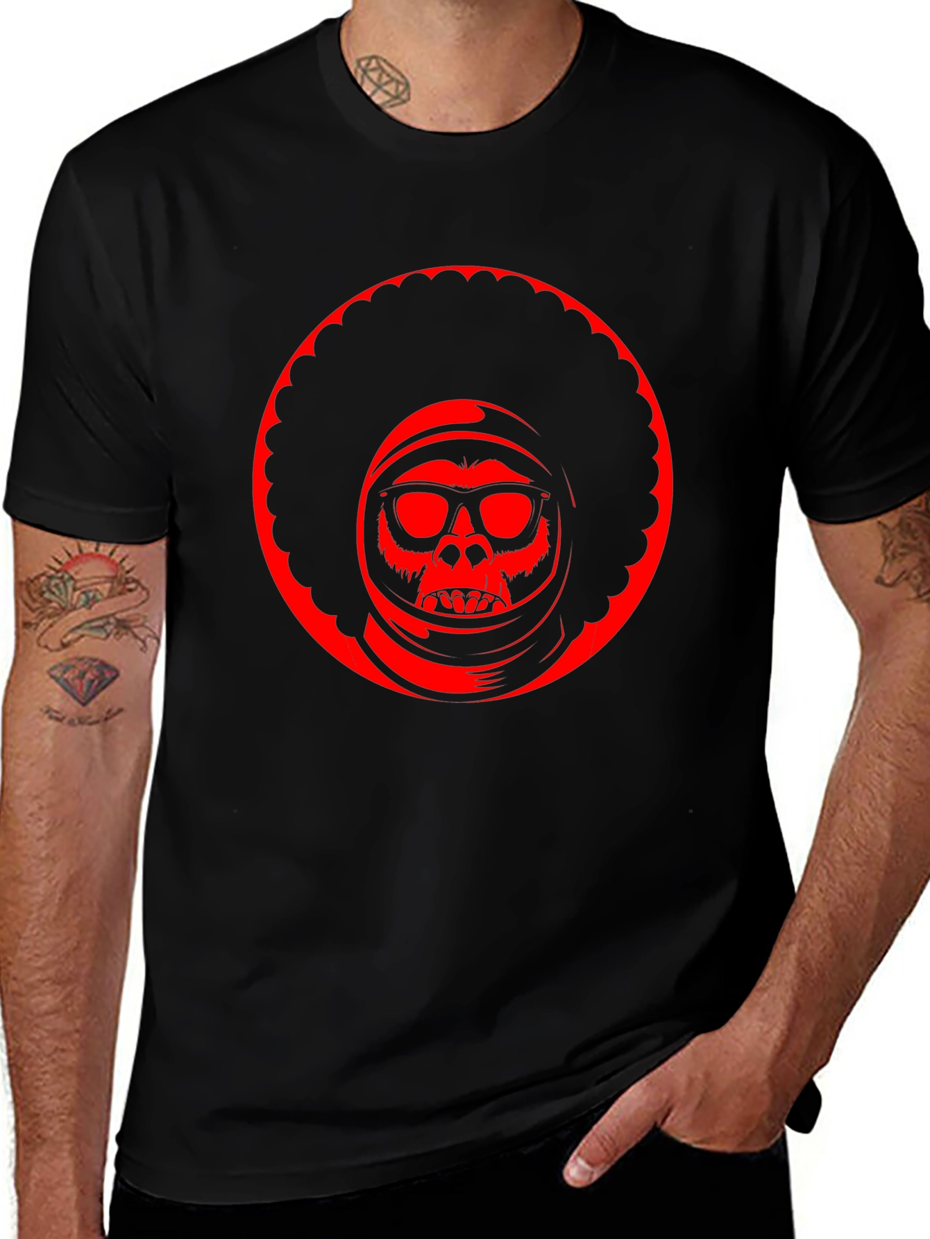 Retro Afro Space Monkey Black T-Shirt