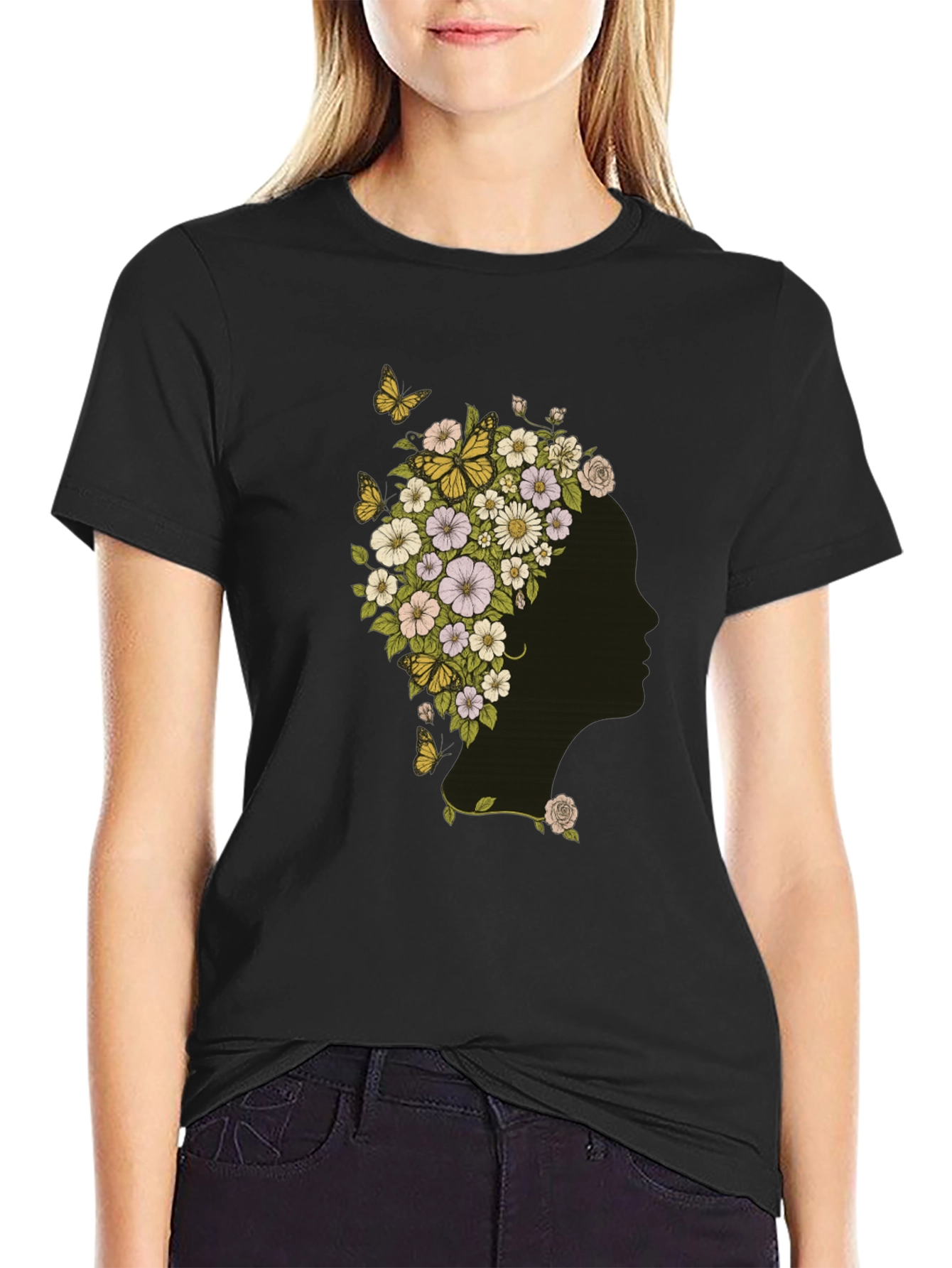Floral Woman Graphic Tee - Black Cotton T-Shirt