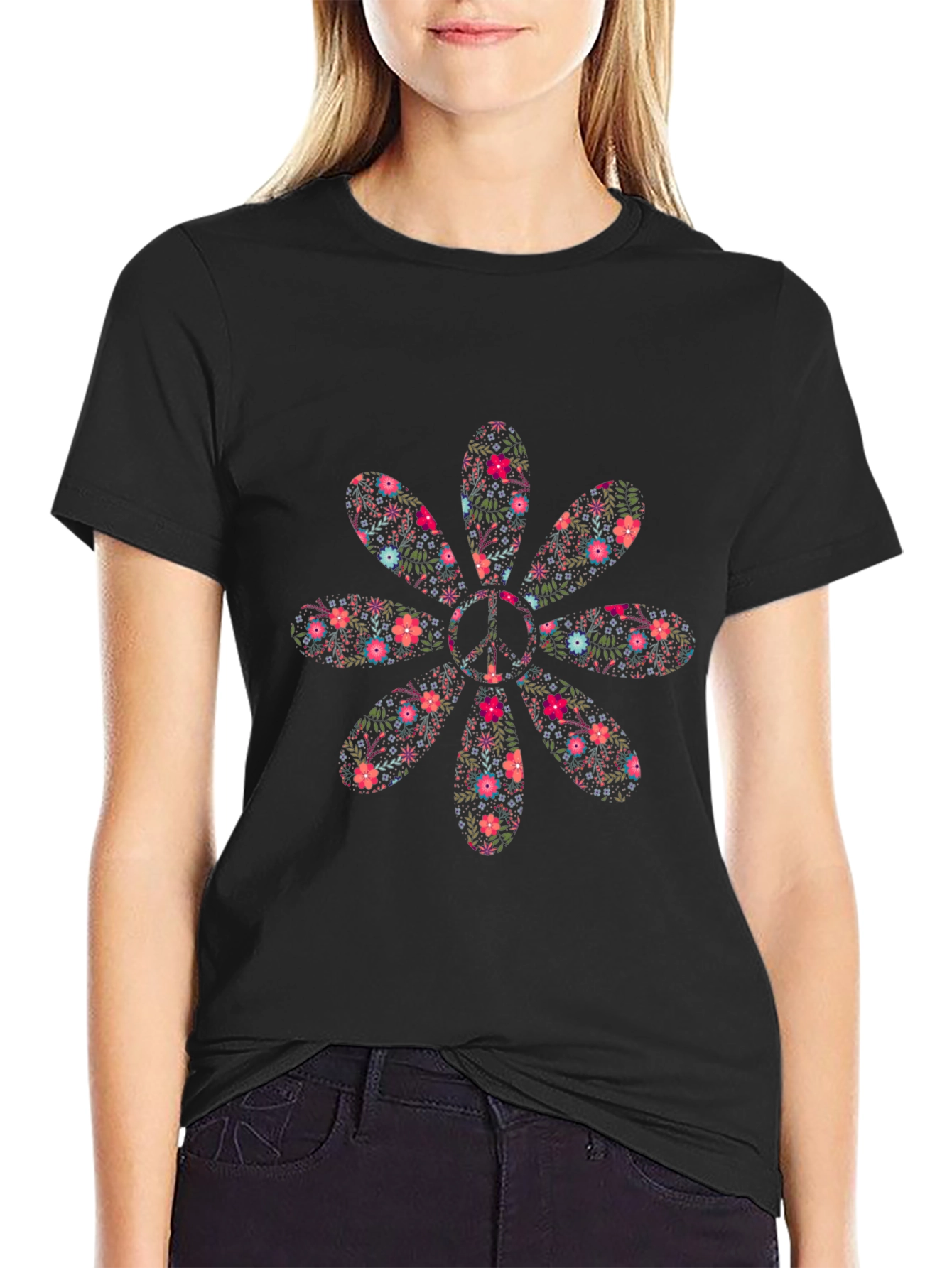 Floral Peace Sign Black T-Shirt