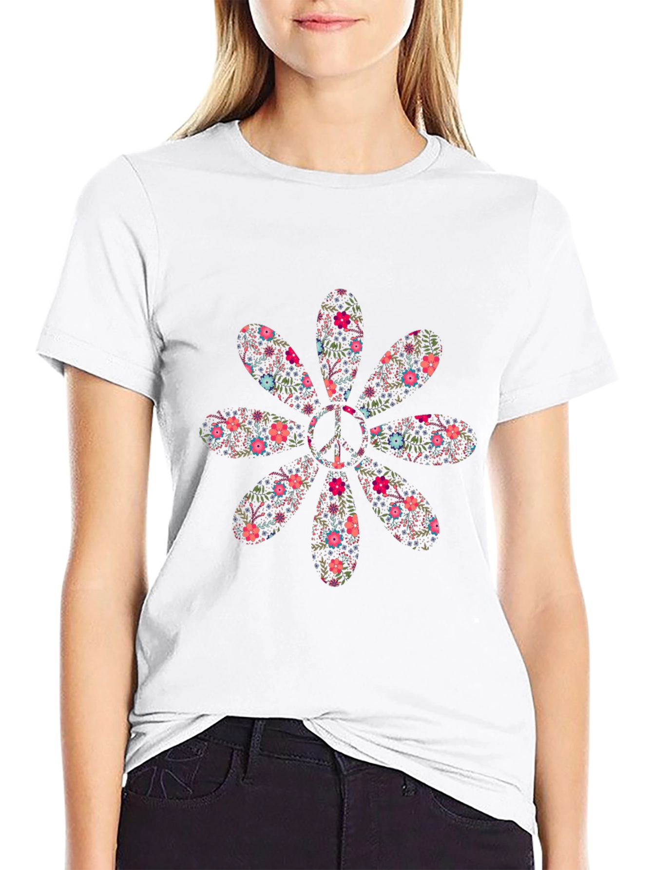 Floral Peace Sign Black T-Shirt