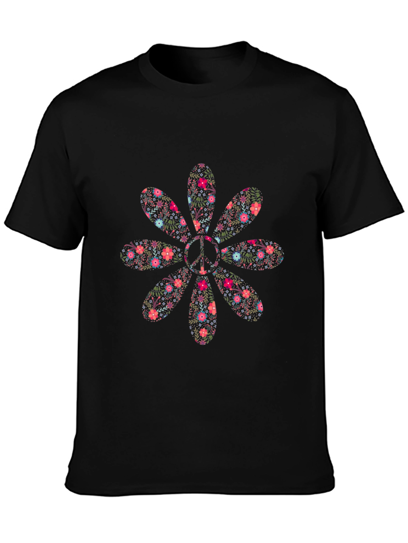 Floral Peace Sign Black T-Shirt