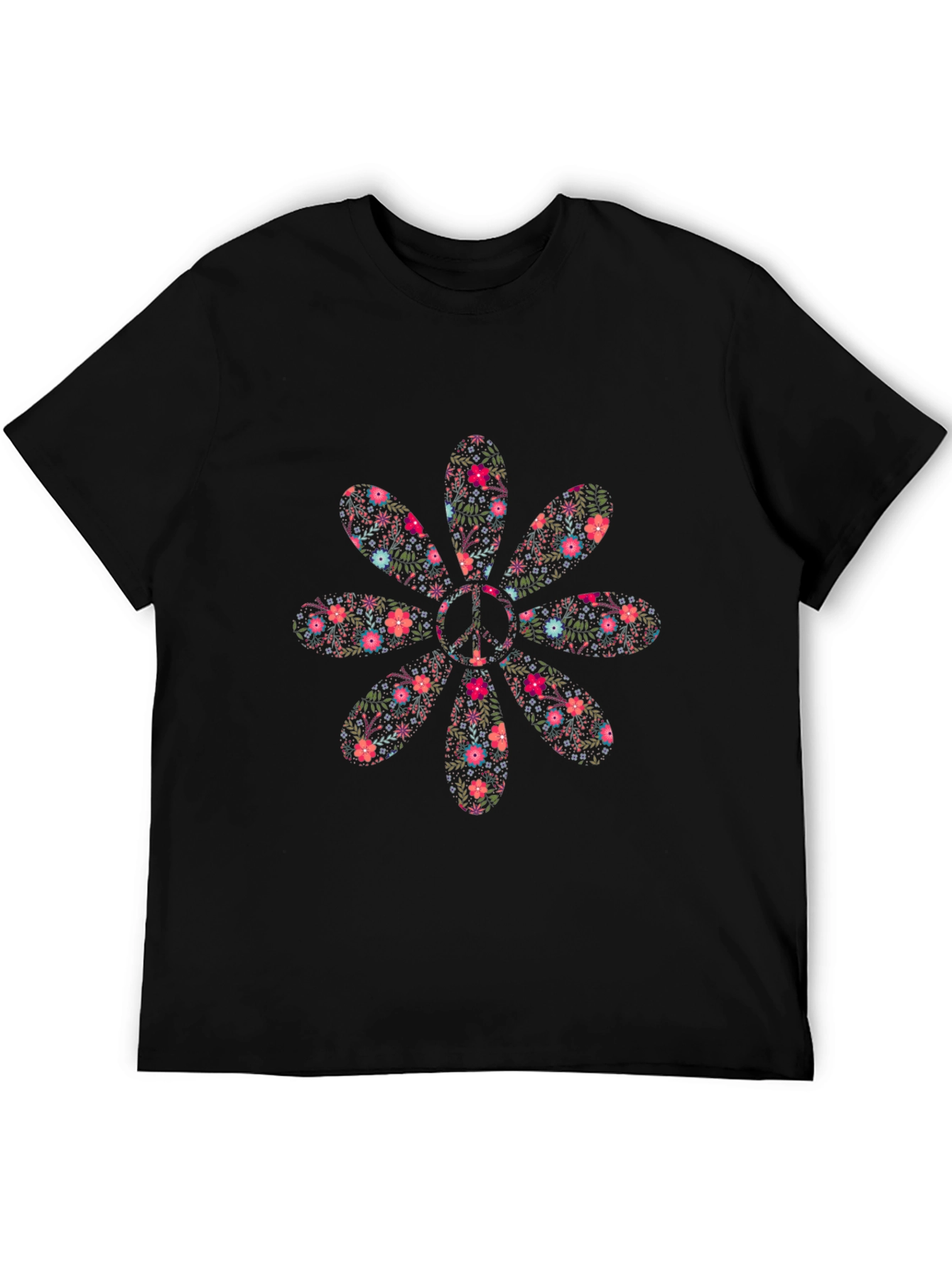 Floral Peace Sign Black T-Shirt