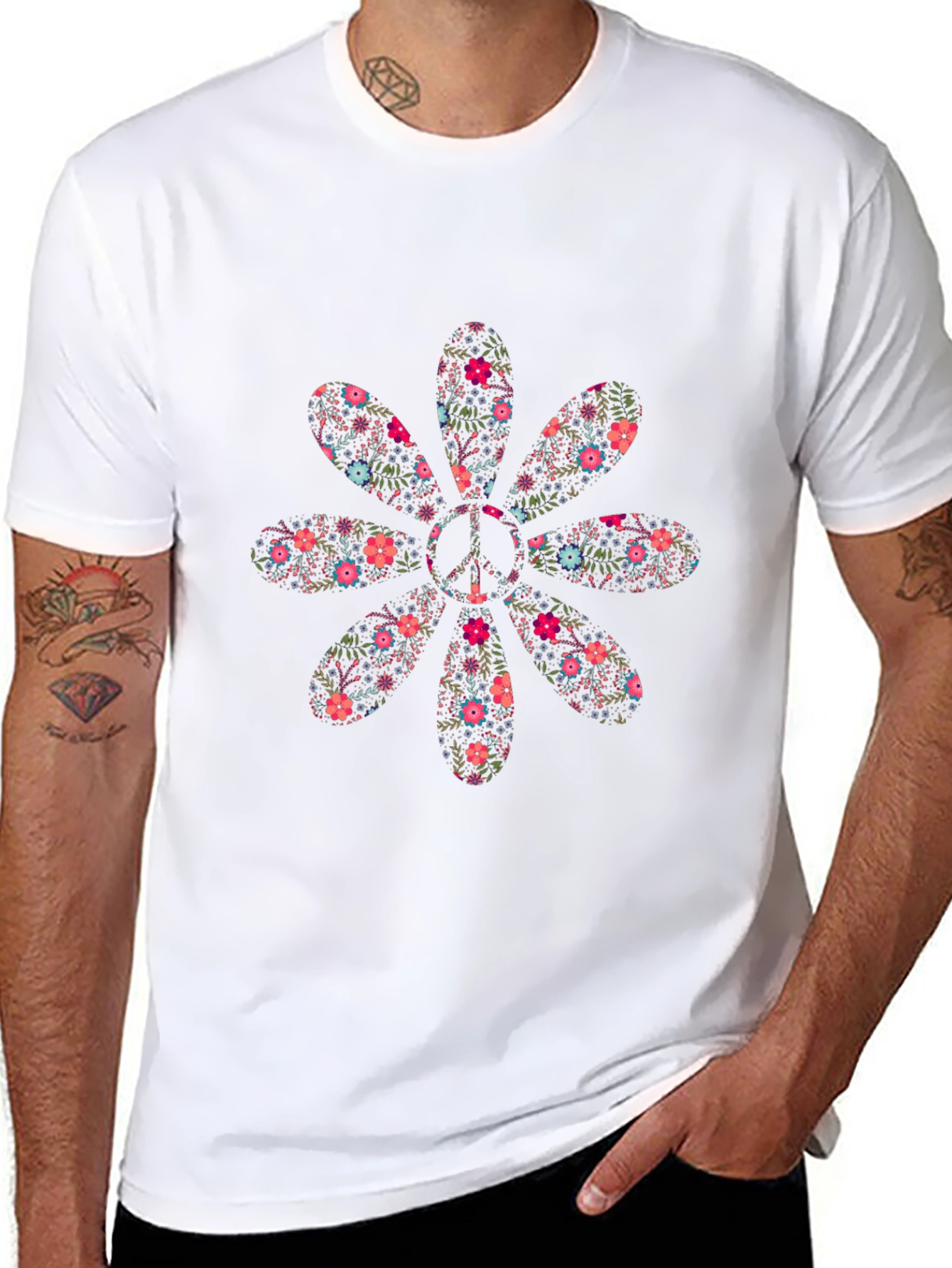 Floral Peace Sign Black T-Shirt