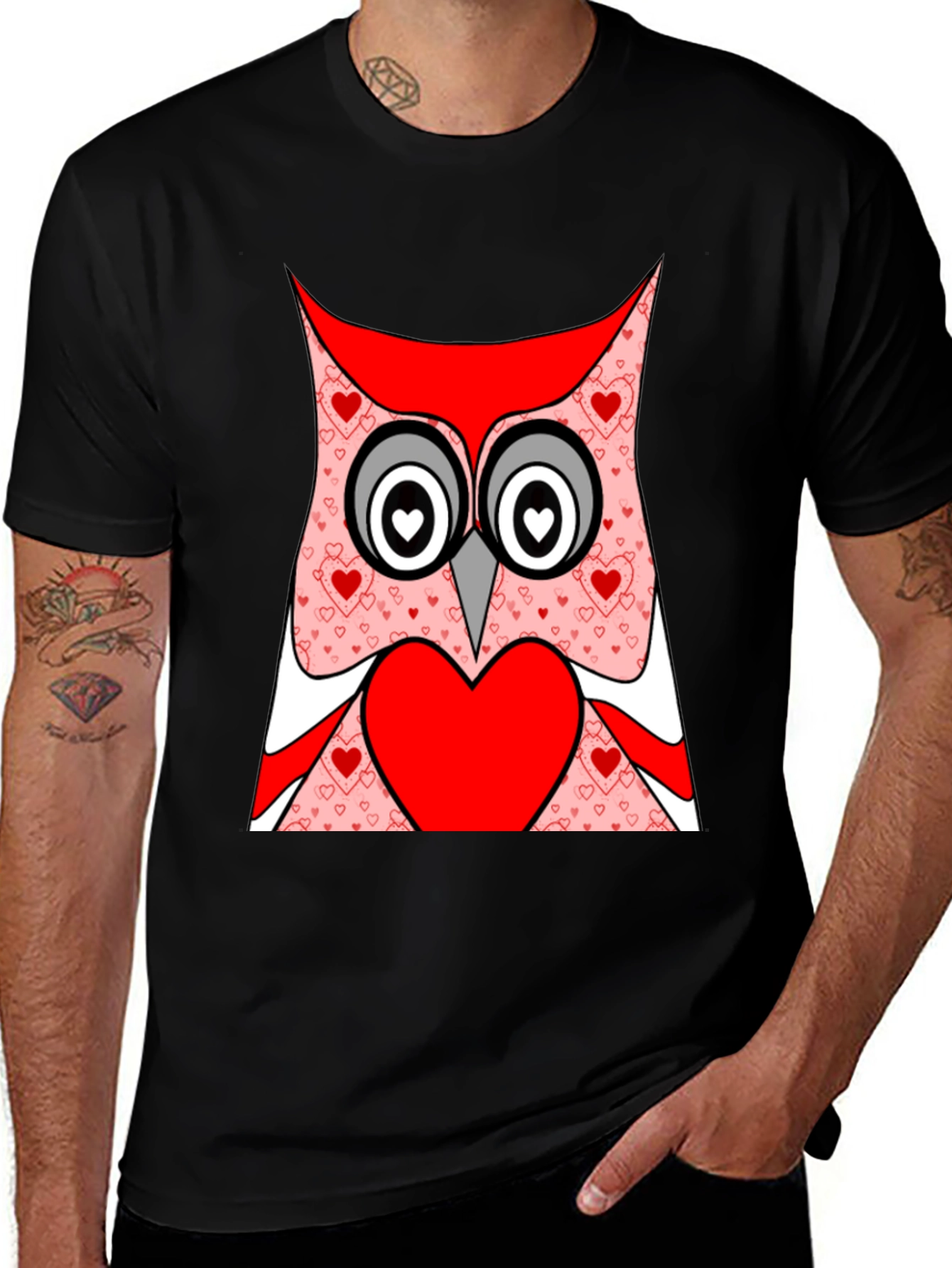 Owl Heart T-Shirt - Black Cotton Valentines Day Tee