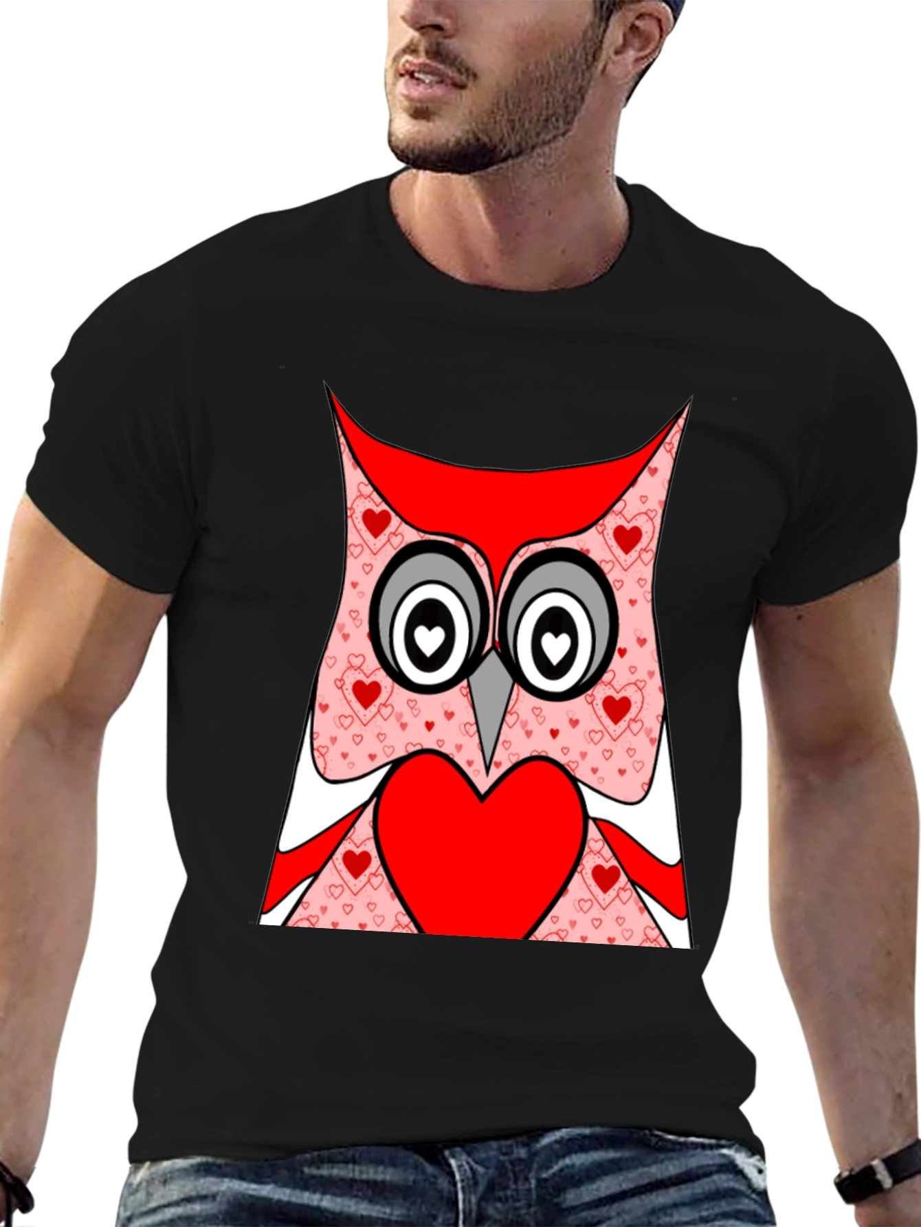 Owl Heart T-Shirt - Black Cotton Valentines Day Tee