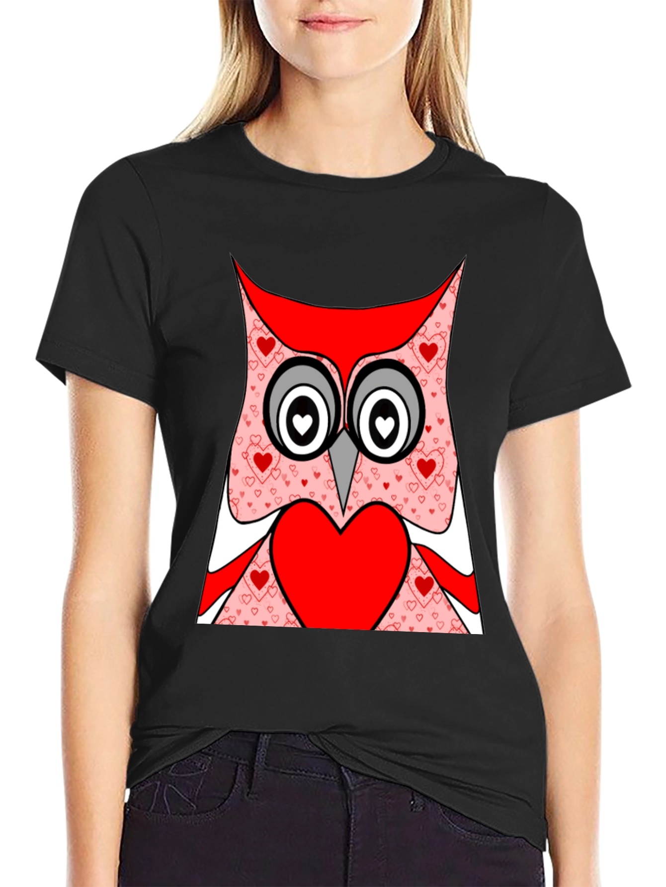 Owl Heart T-Shirt - Black Cotton Valentines Day Tee
