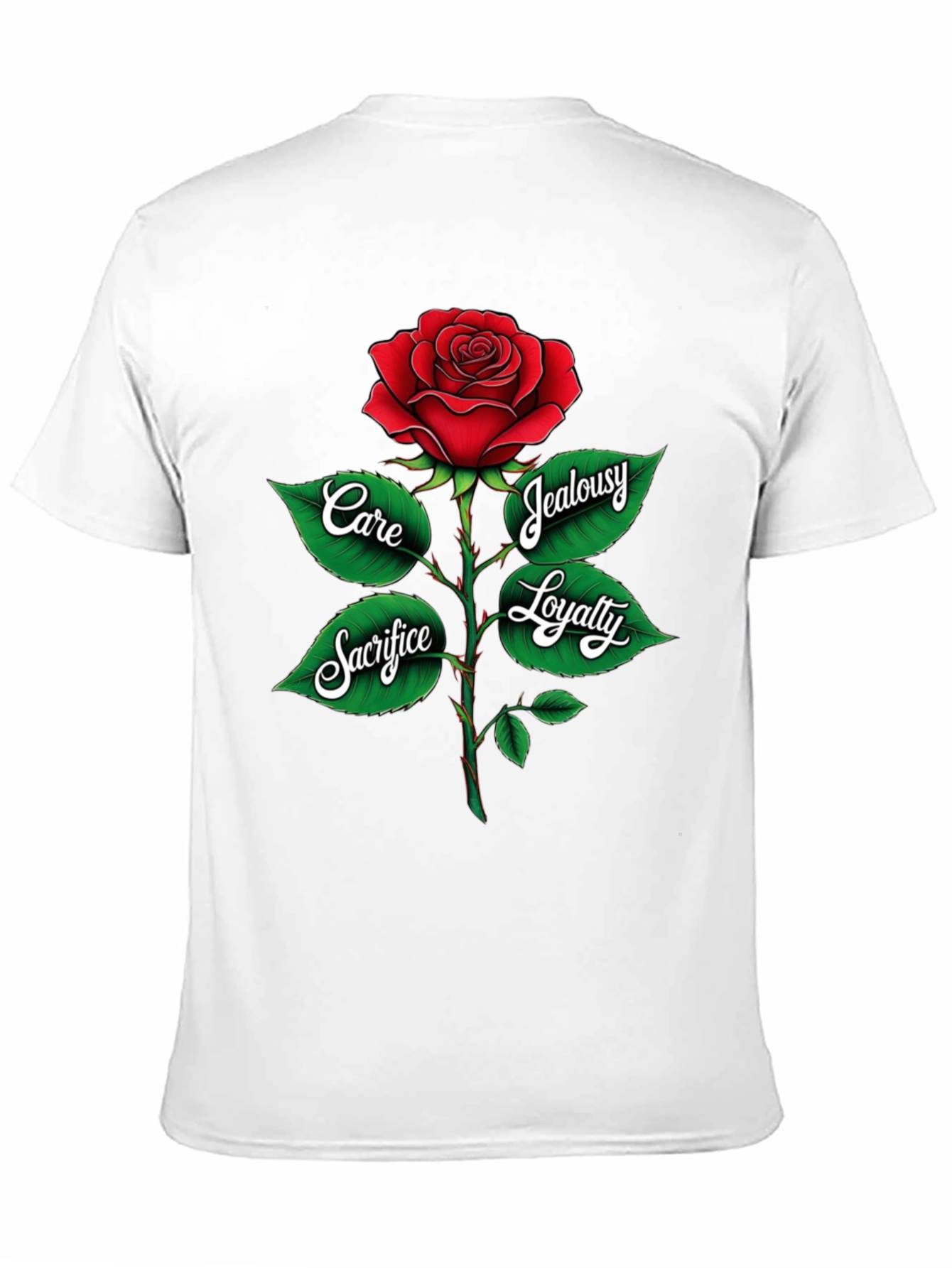 Rose Graphic Tee: Care Sacrifice Loyalty & Jealousy