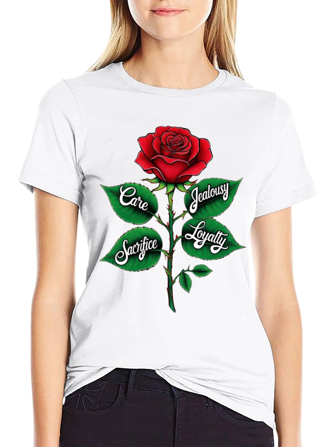 Rose Graphic Tee: Care Sacrifice Loyalty & Jealousy
